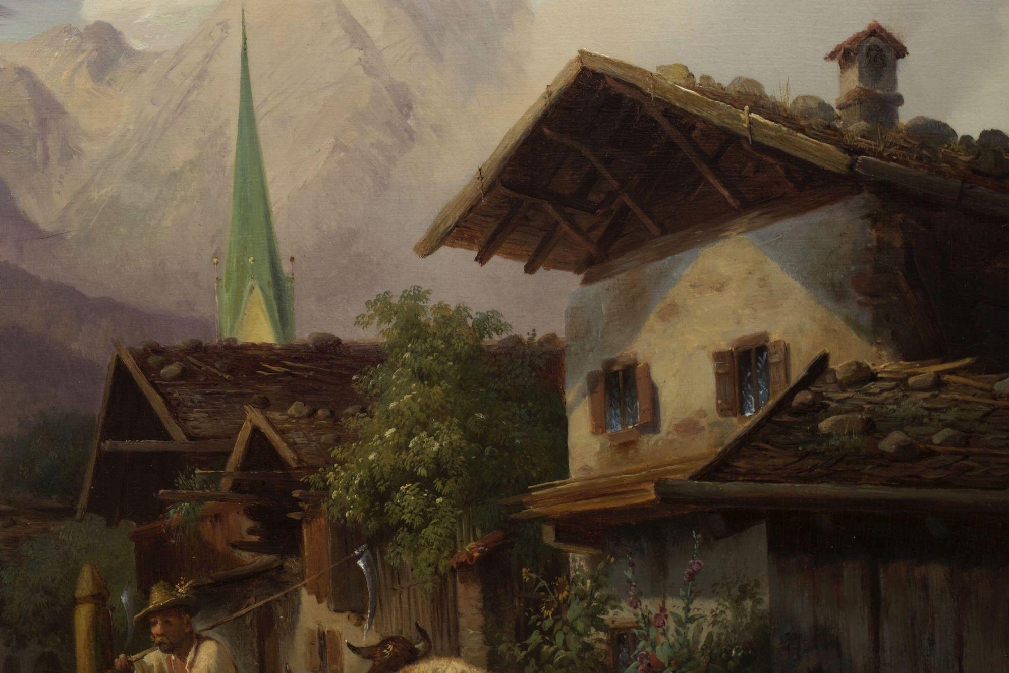 Giltwood “An Alpine Village” Antique Landscape Painting by Joseph Heinrich Marr, German For Sale