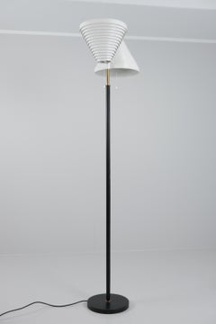 An Alvar Aalto Floor Lamp A810, White, Brass & Black Leather, Valaisinpaja 1970s
