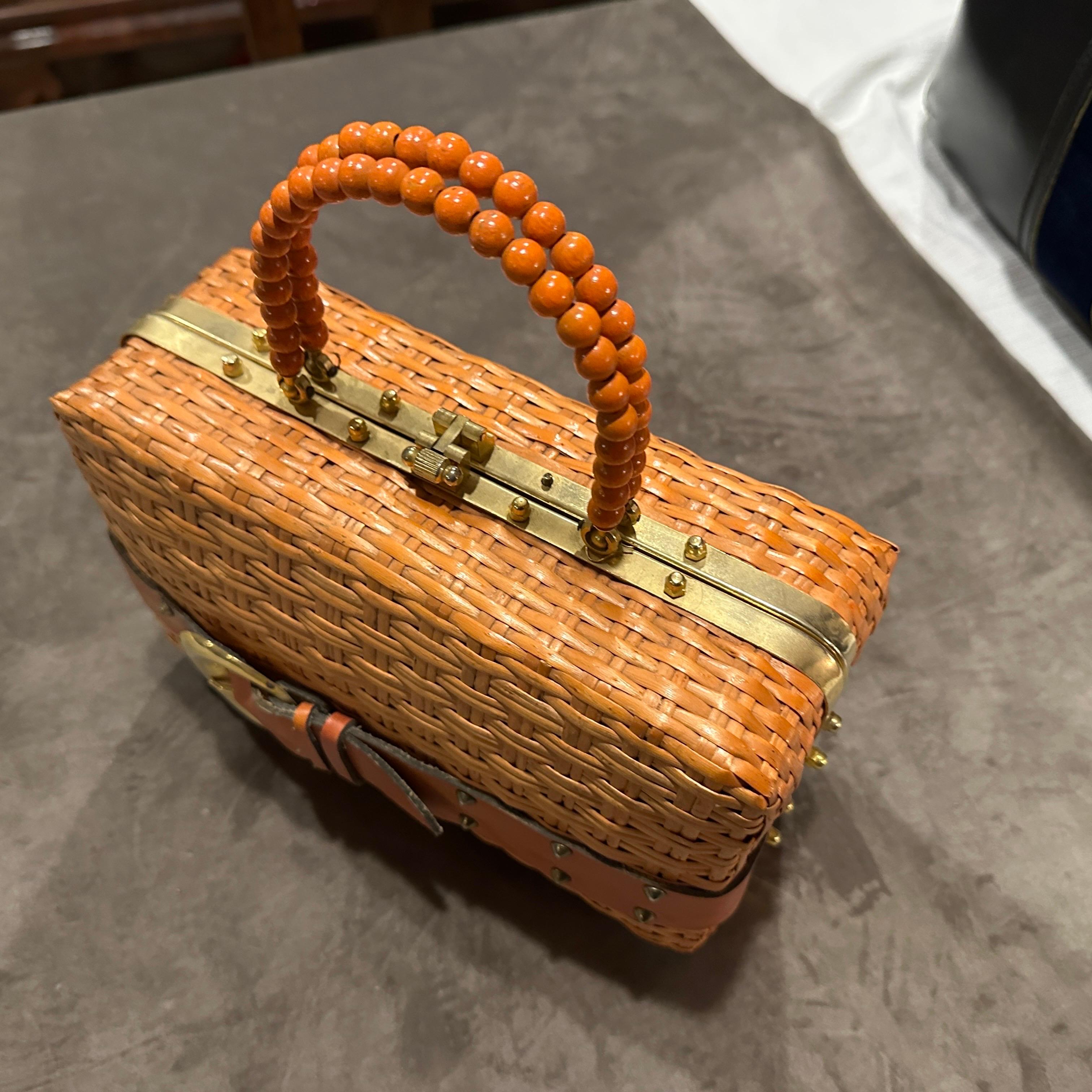 Women's An Amazing 1950s Wicker, Brass and Orange Leather Italian Hand-Bag For Sale