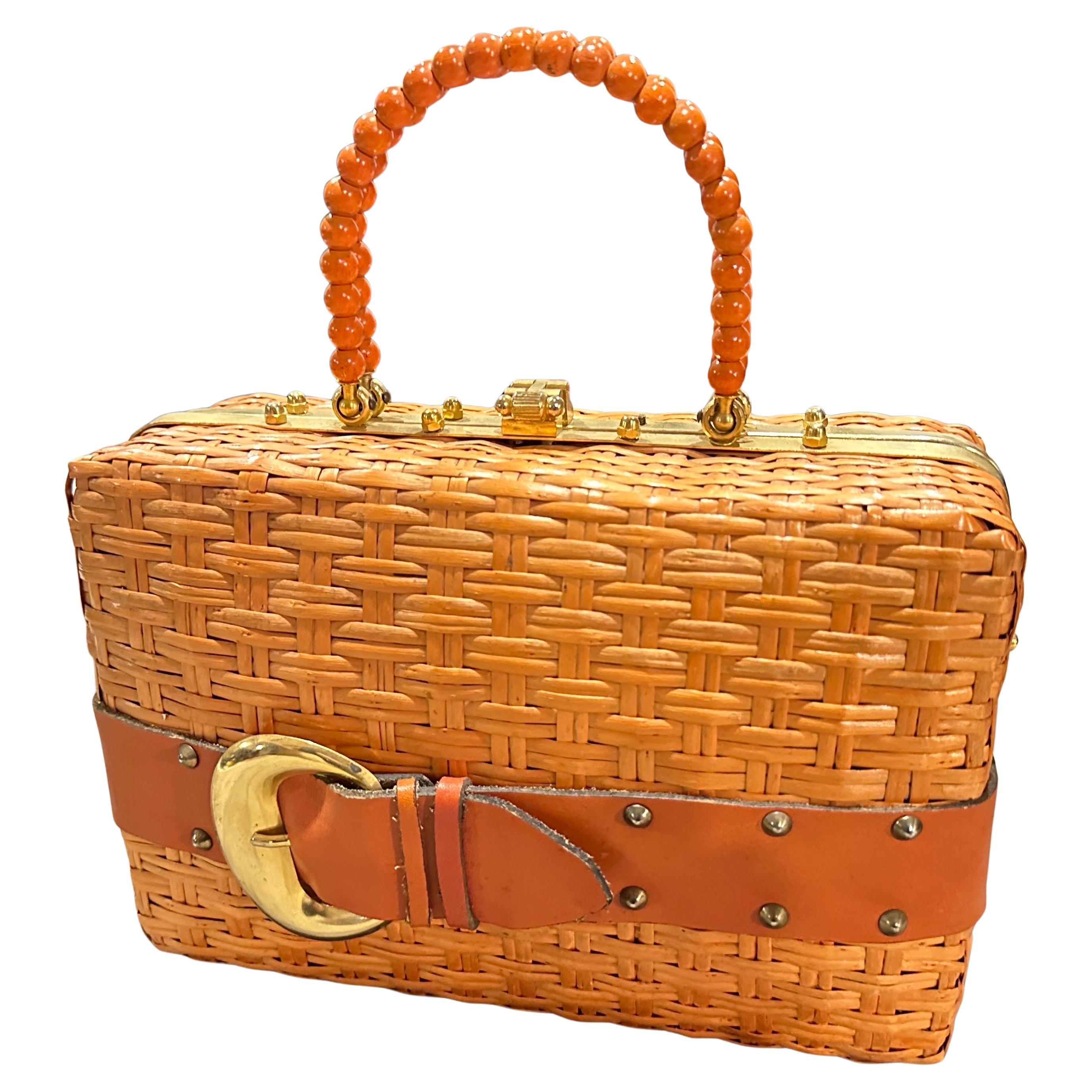 An Amazing 1950s Wicker, Brass and Orange Leather Italian Hand-Bag For Sale