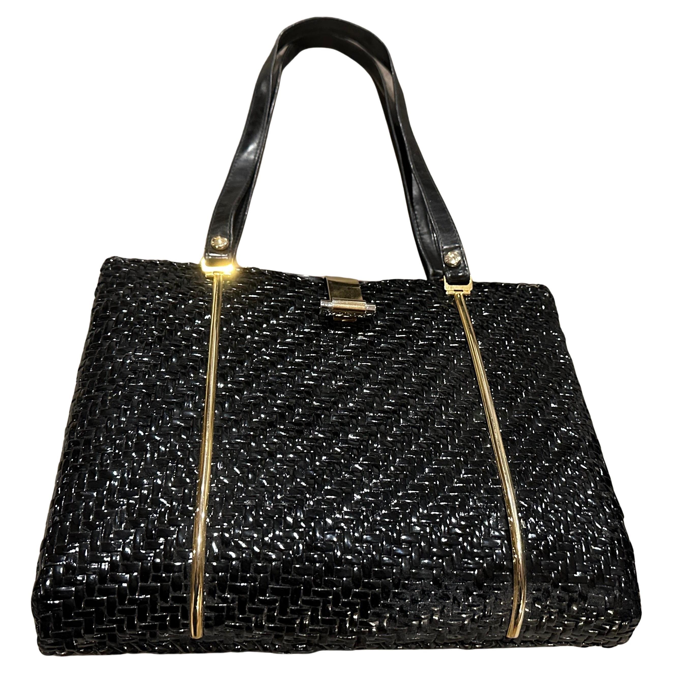 Un'incredibile borsa a mano italiana del 1960 in vimini nero intrecciato e ottone in vendita