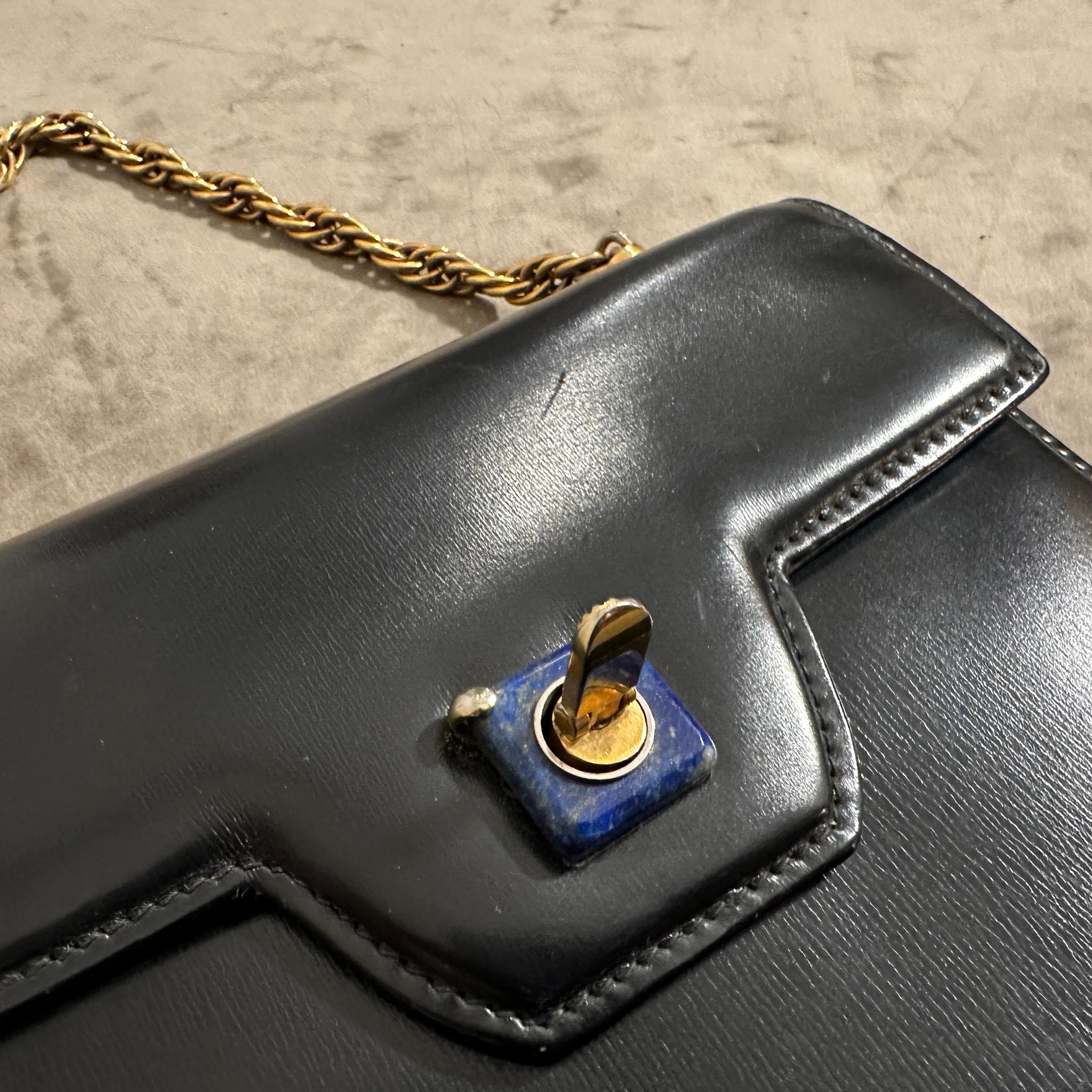 An Amazing 1980s Blue Leather and Lapis Lazuli Clasp Evening Bag by Gucci For Sale 6