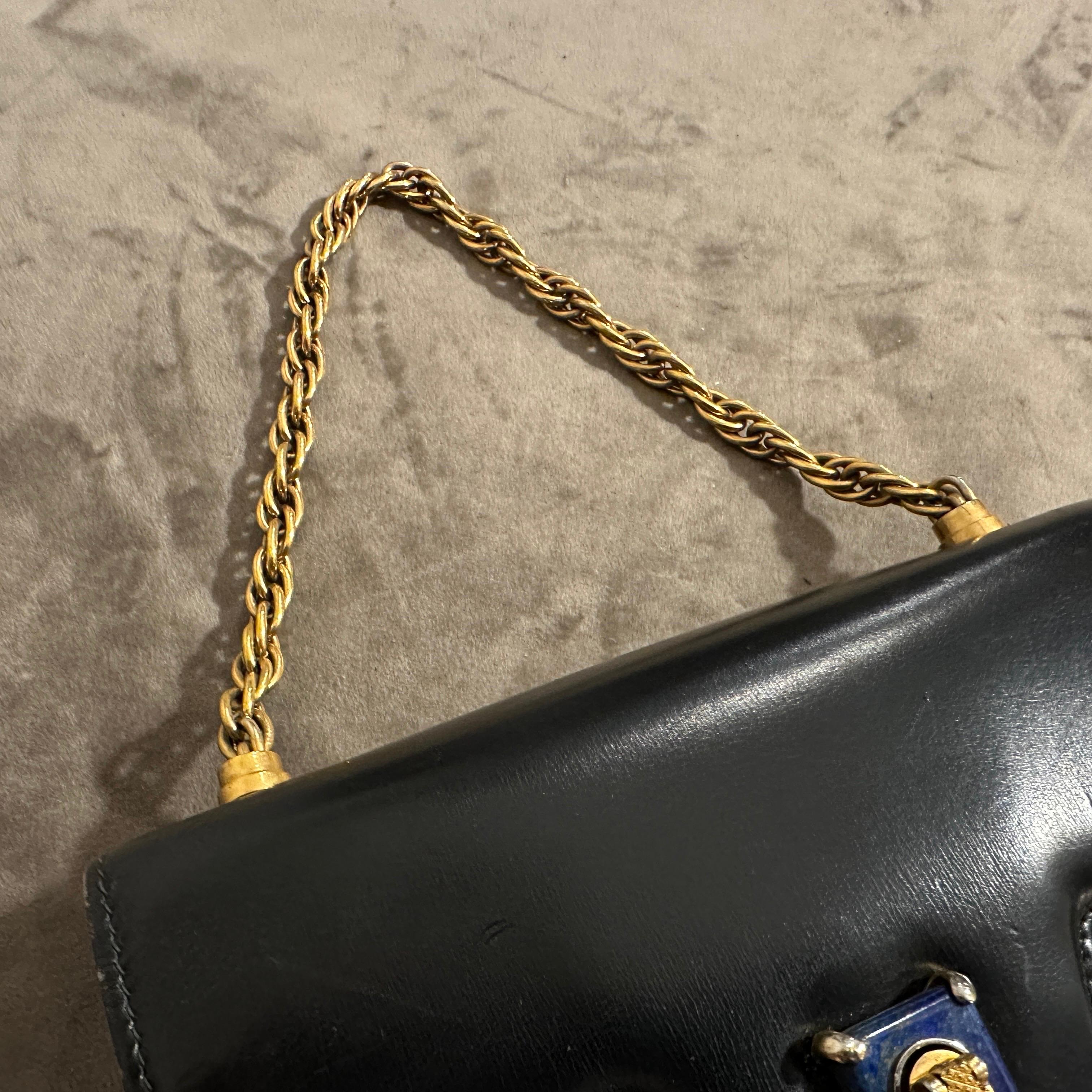 An Amazing 1980s Blue Leather and Lapis Lazuli Clasp Evening Bag by Gucci For Sale 8