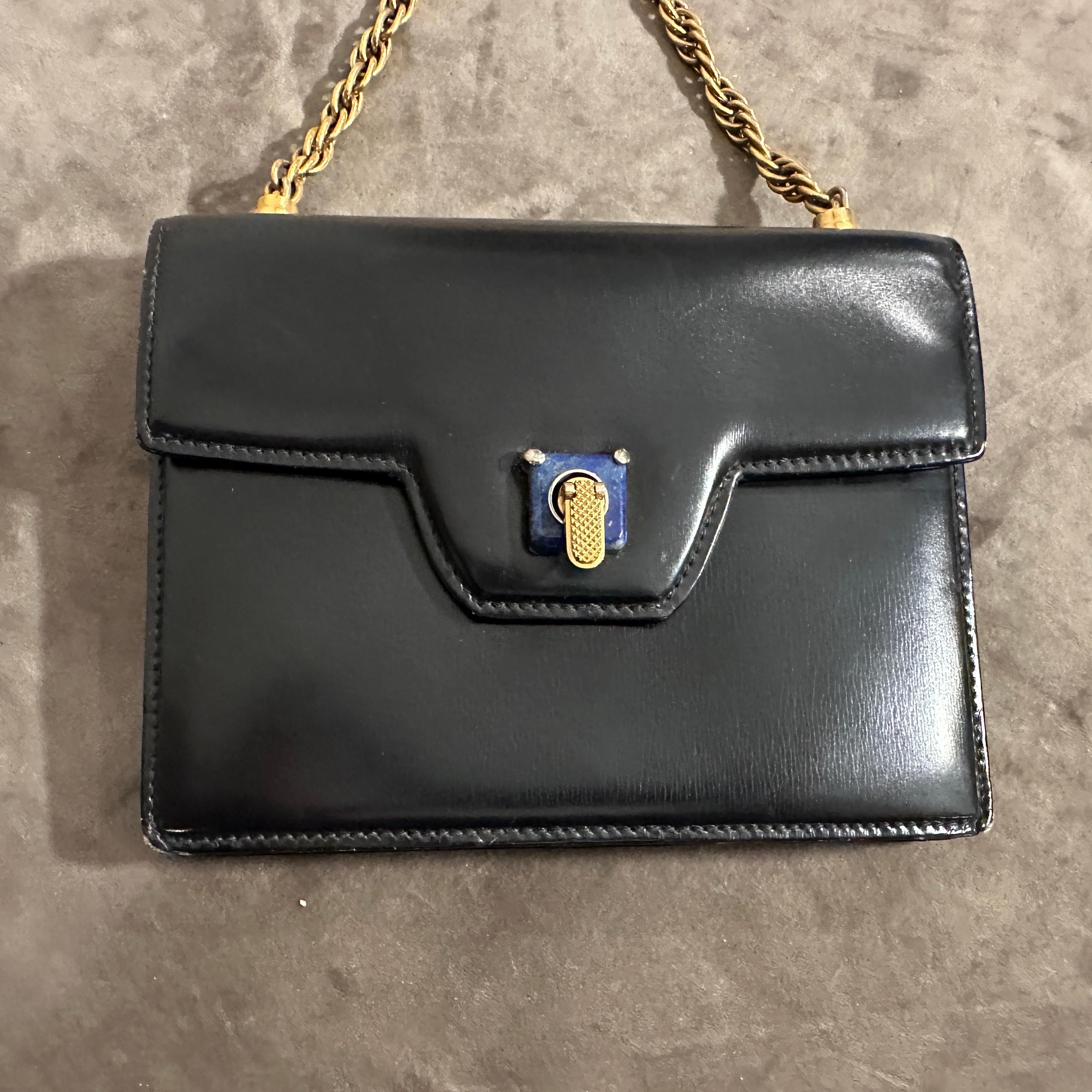 An Amazing 1980s Blue Leather and Lapis Lazuli Clasp Evening Bag by Gucci For Sale 10