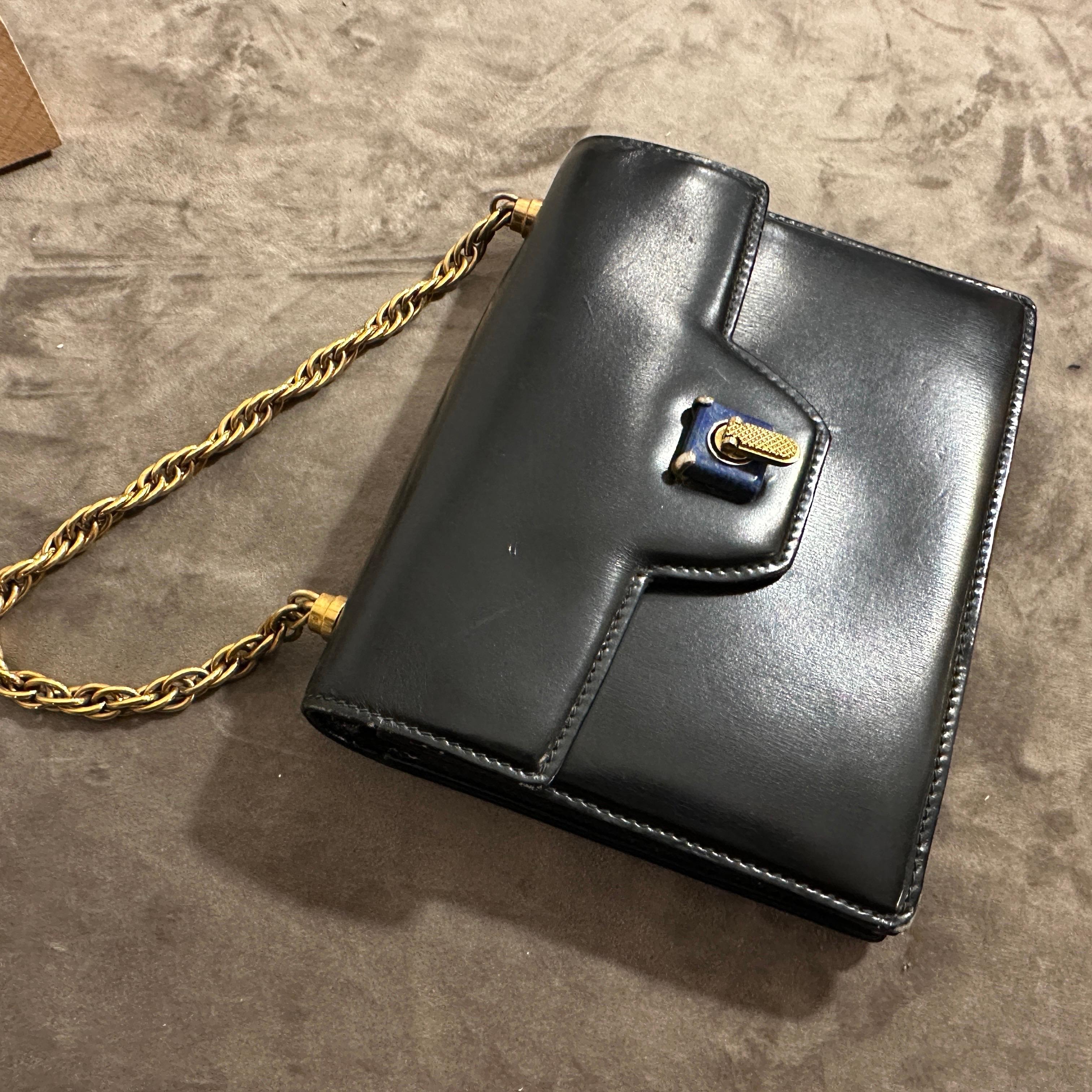 Gray An Amazing 1980s Blue Leather and Lapis Lazuli Clasp Evening Bag by Gucci For Sale