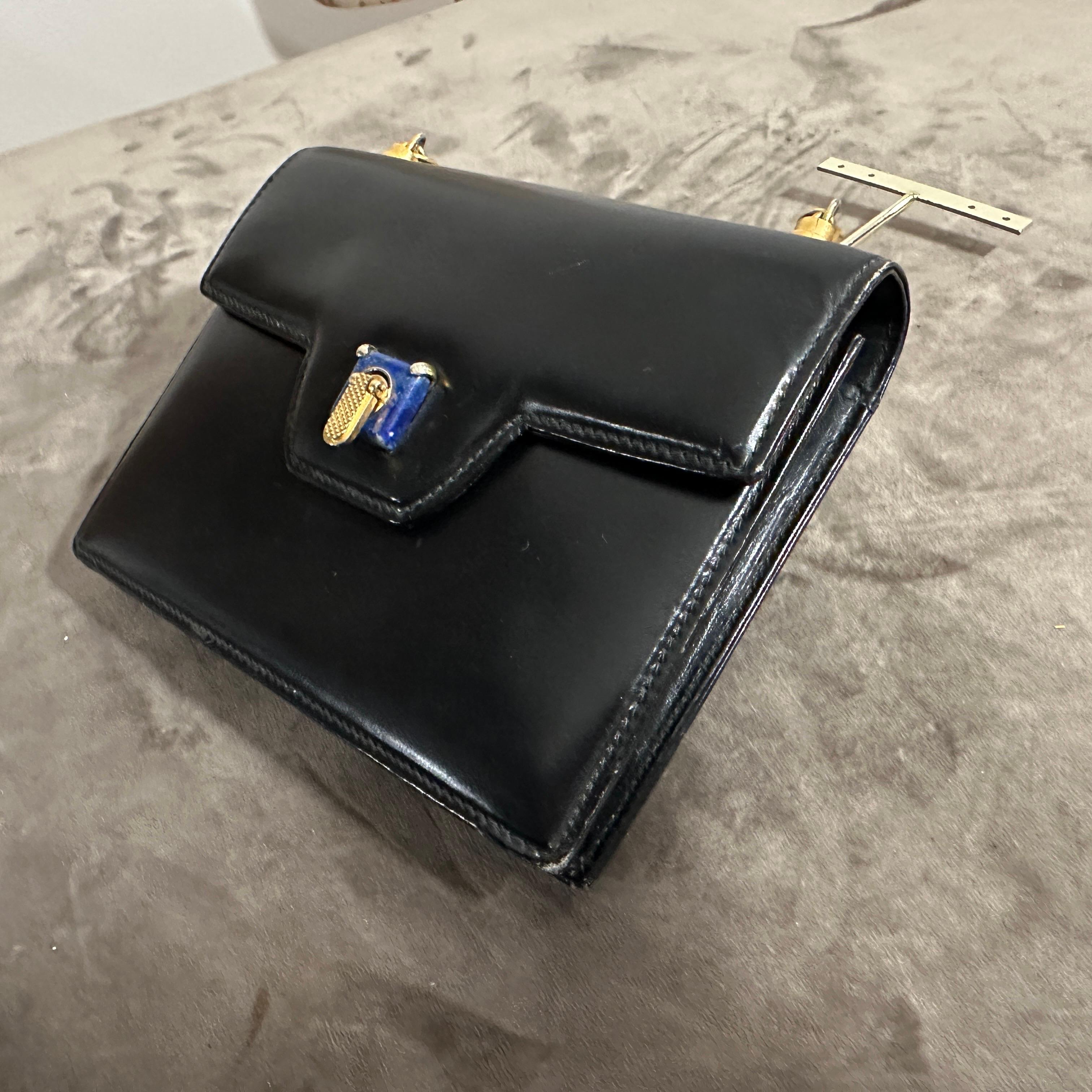 An Amazing 1980s Blue Leather and Lapis Lazuli Clasp Evening Bag by Gucci For Sale 4