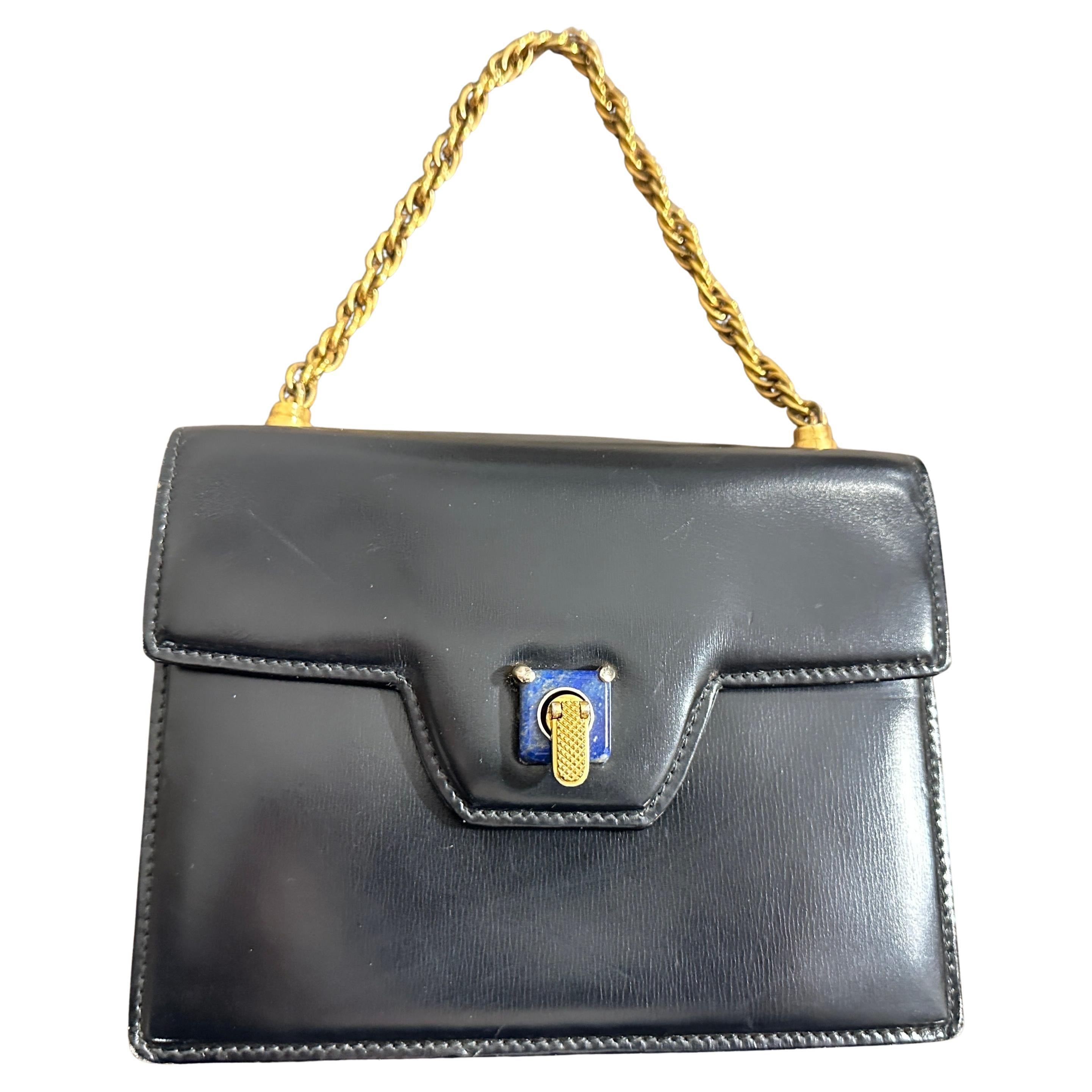 An Amazing 1980s Blue Leather and Lapis Lazuli Clasp Evening Bag by Gucci For Sale