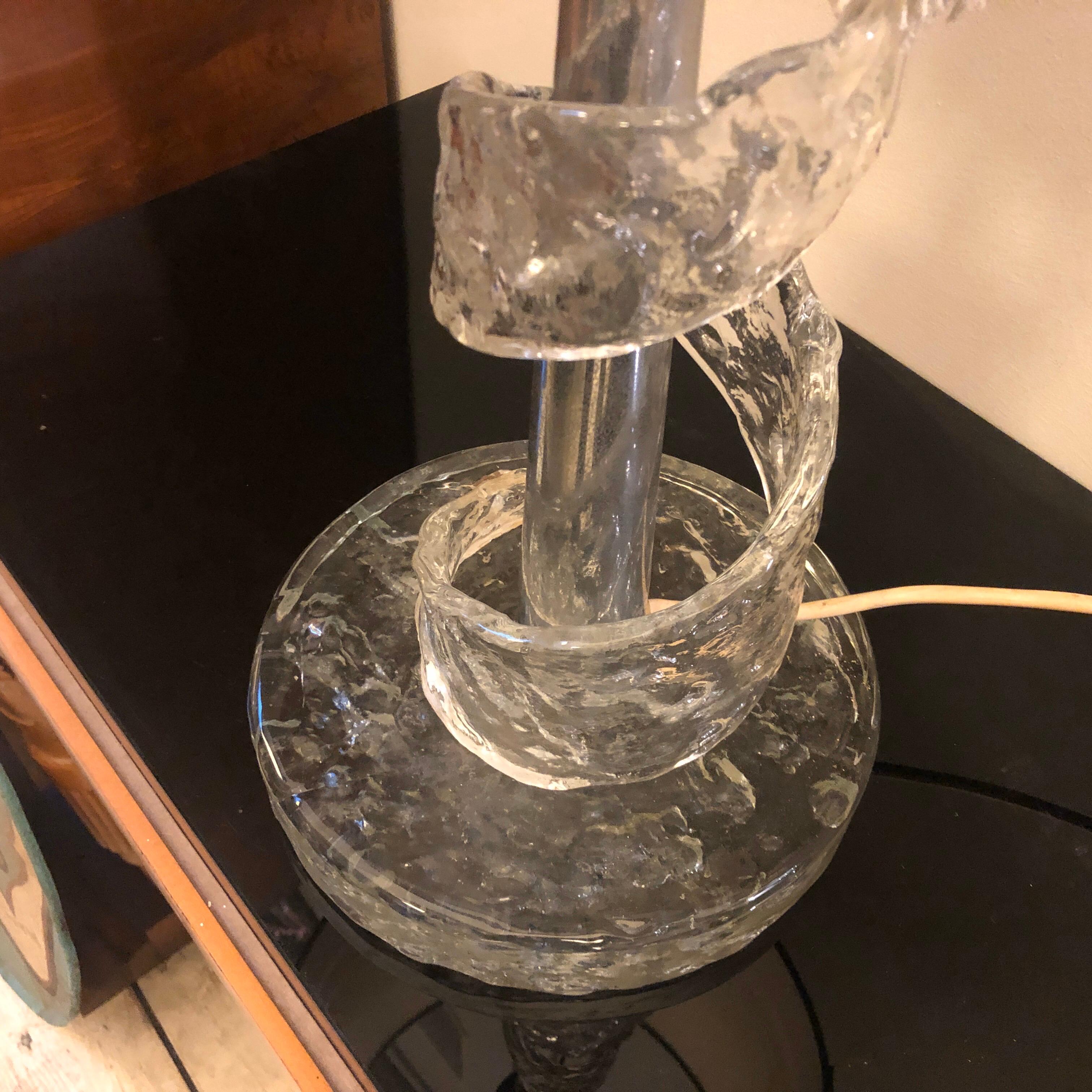 Chrome 1970s Angelo Brotto for Esperia Spiral Transparent Murano Glass Table Lamp