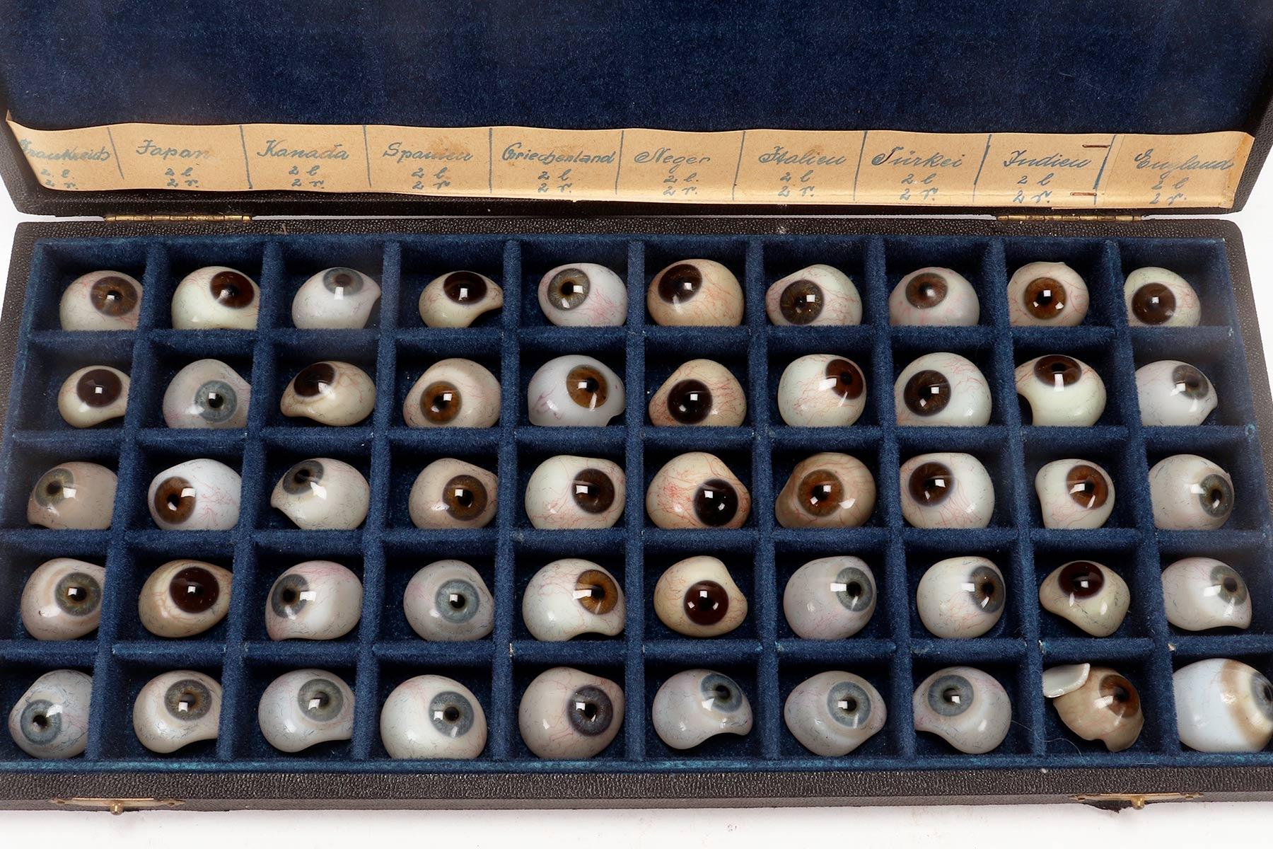 An amazing antique set of 50 glass prosthetic eyes, Germany early 20th century.  For Sale 1