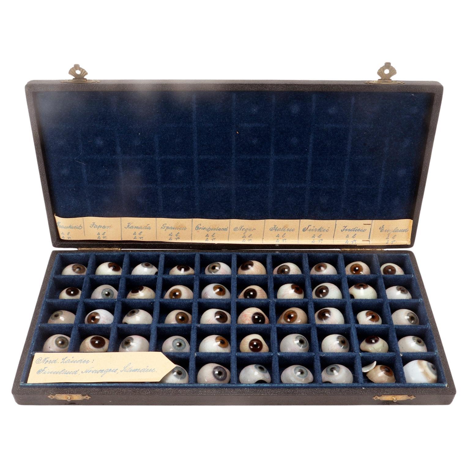 An amazing antique set of 50 glass prosthetic eyes, Germany early 20th century. 