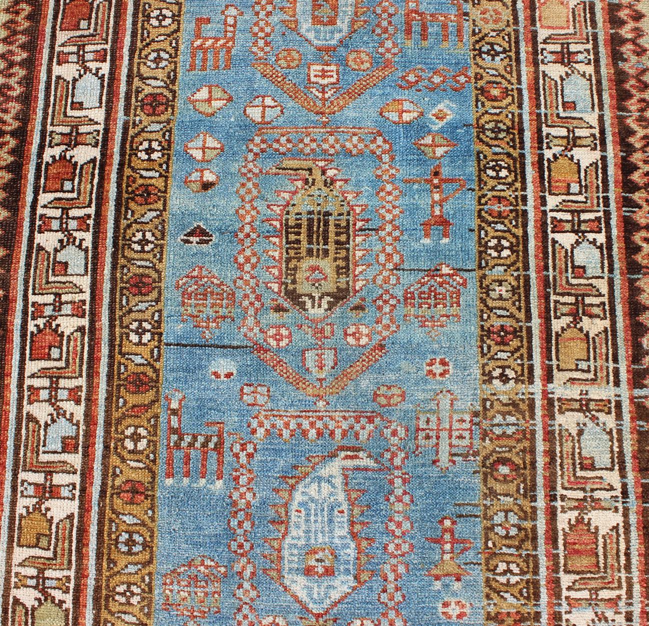 Amazing Antique Tribal Persian Kurdish Runner in Blue and Multi Colors For Sale 4
