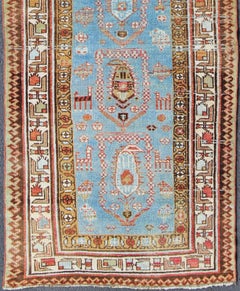 Antique Persian Kurdish Runner with Sky Blue Field and Geometric Tribal Motifs