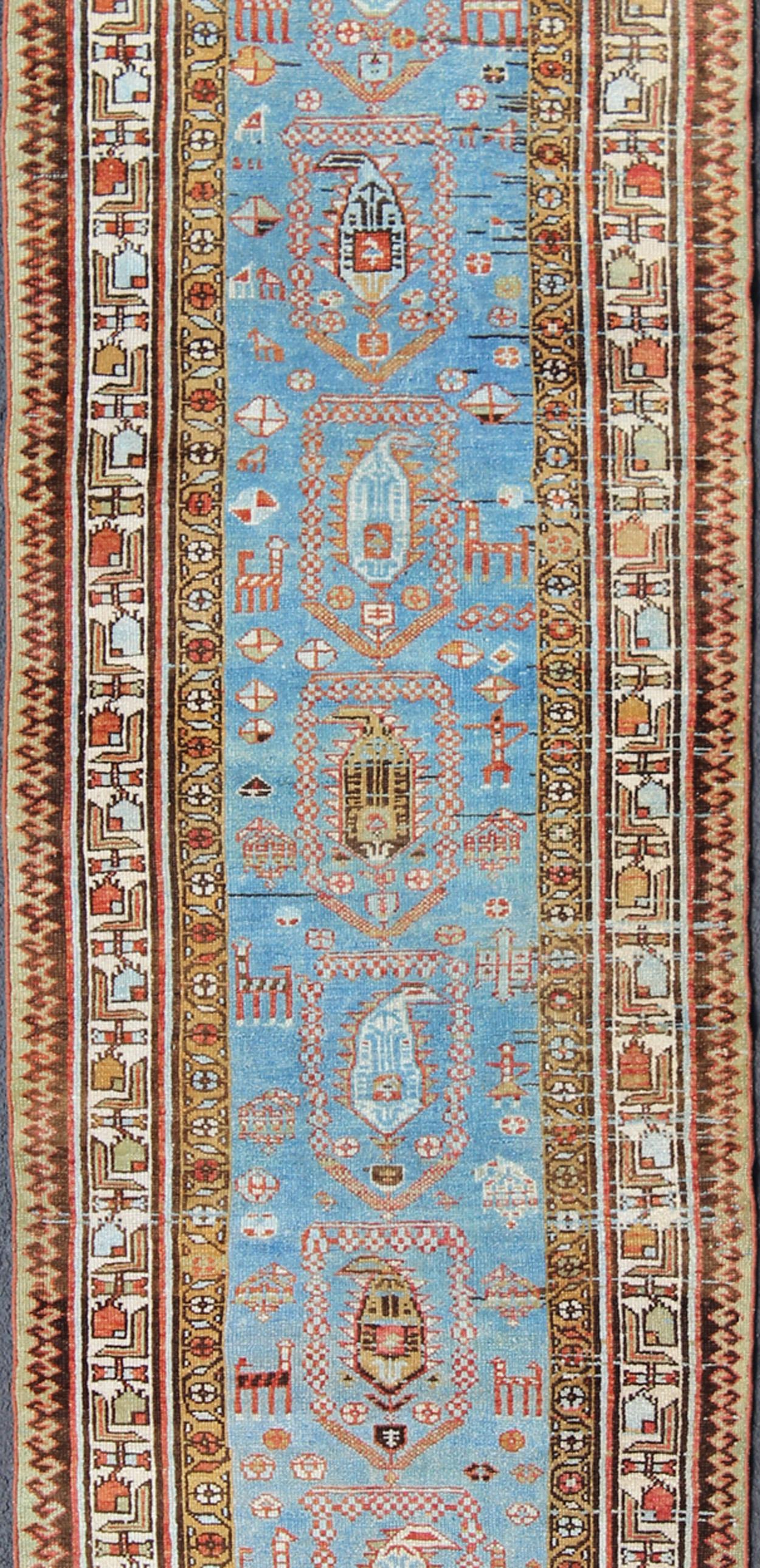 Hand-Knotted Amazing Antique Tribal Persian Kurdish Runner in Blue and Multi Colors For Sale