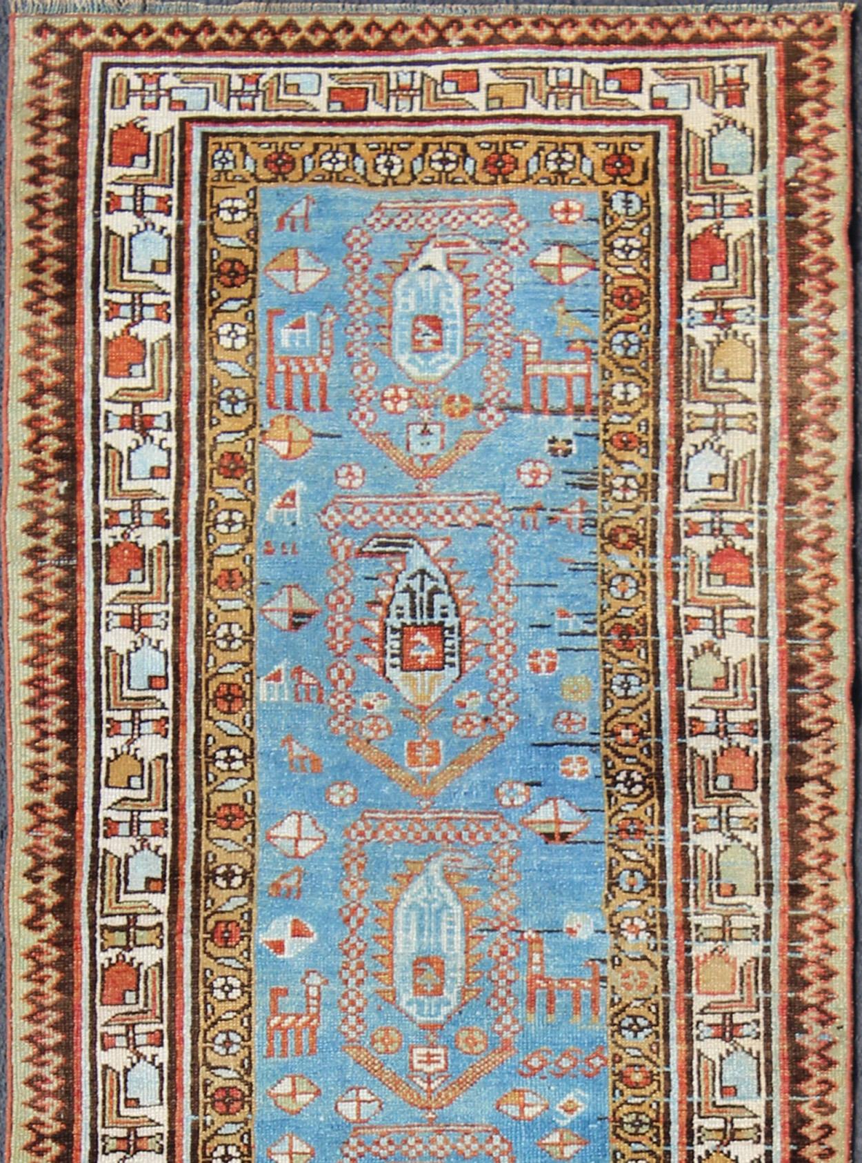 Amazing Antique Tribal Persian Kurdish Runner in Blue and Multi Colors In Good Condition For Sale In Atlanta, GA