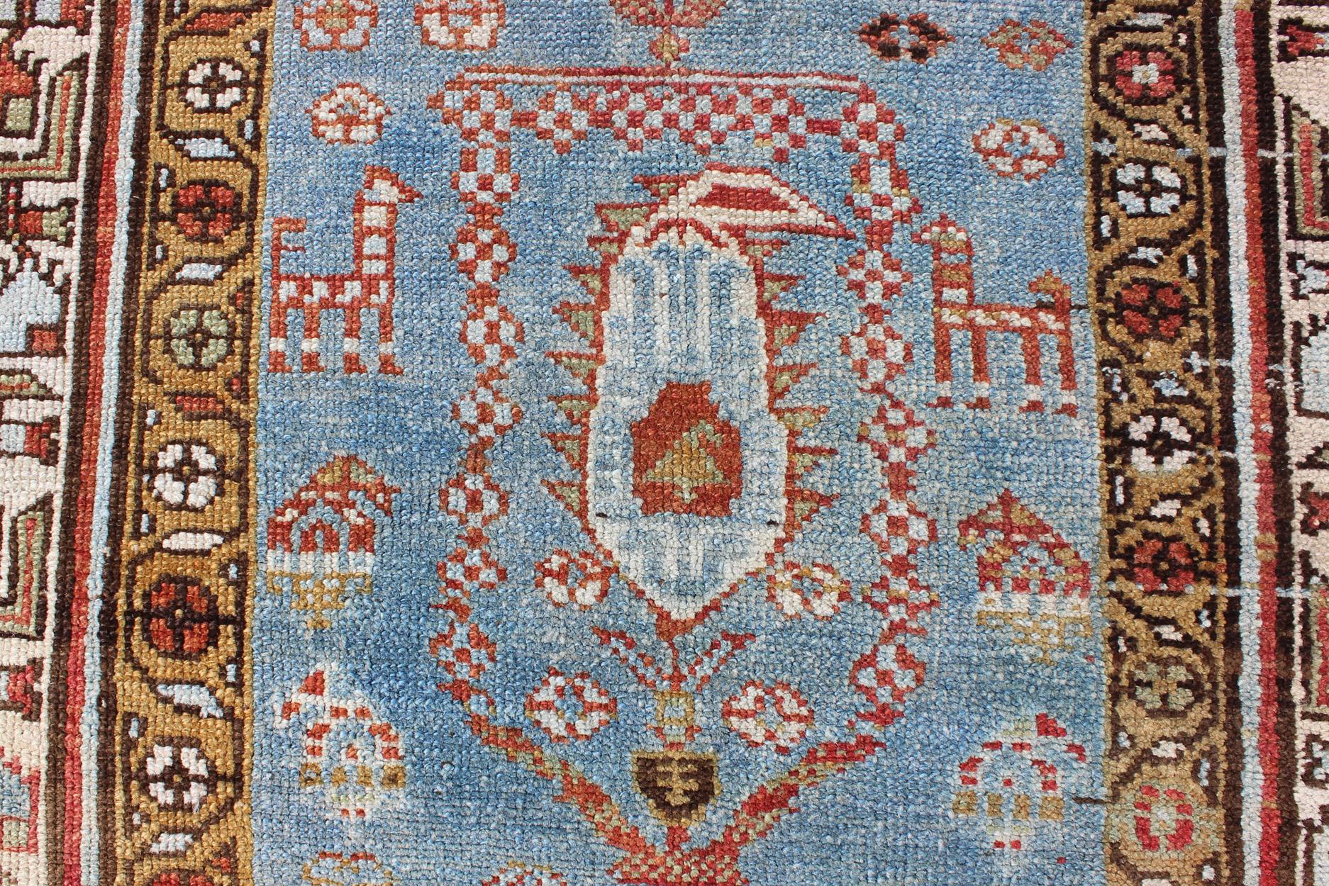 Amazing Antique Tribal Persian Kurdish Runner in Blue and Multi Colors For Sale 1
