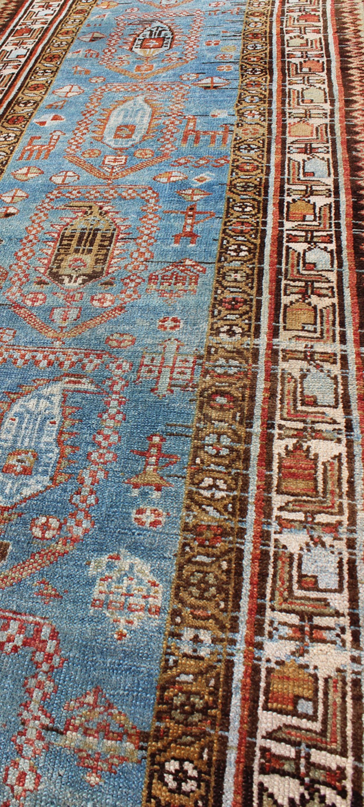 Amazing Antique Tribal Persian Kurdish Runner in Blue and Multi Colors For Sale 2