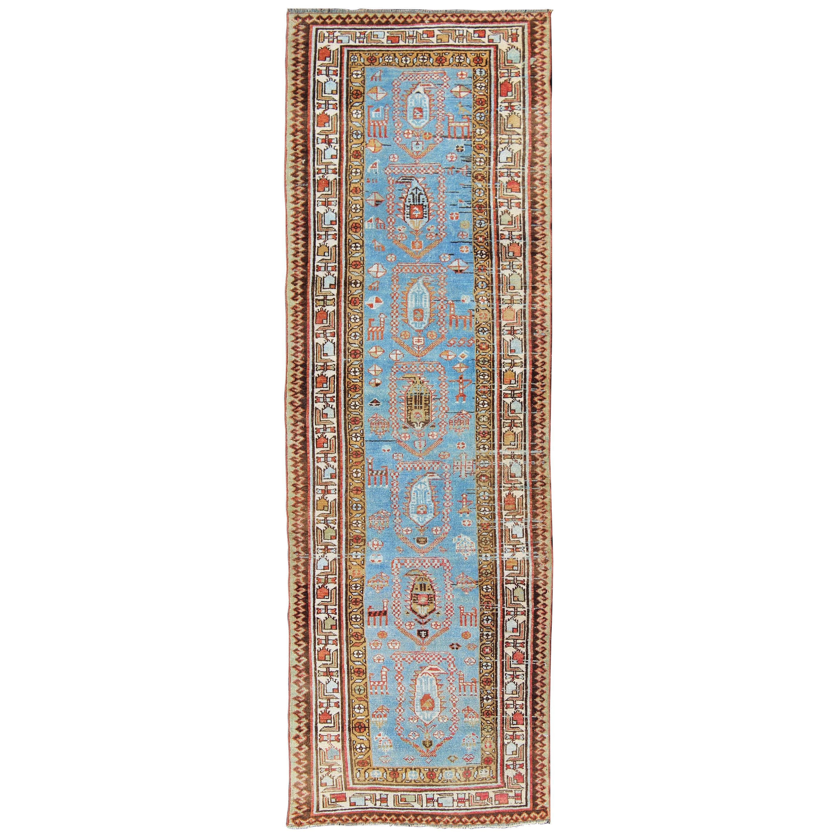 Amazing Antique Tribal Persian Kurdish Runner in Blue and Multi Colors For Sale