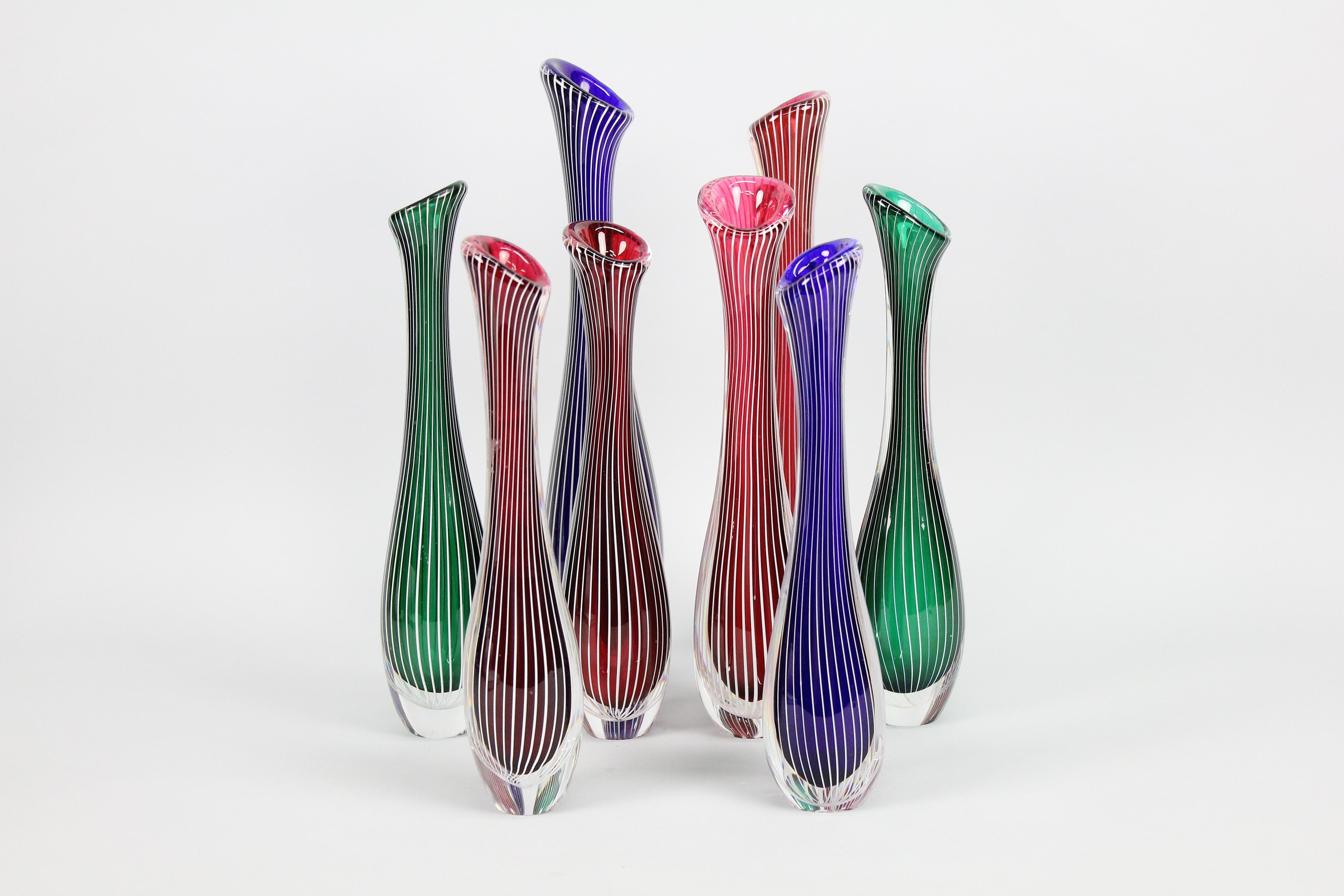 An Amazing Set of Eight 1950s Stripe Vases by Vicke Lindstrand for Kosta Sweden. For Sale 5