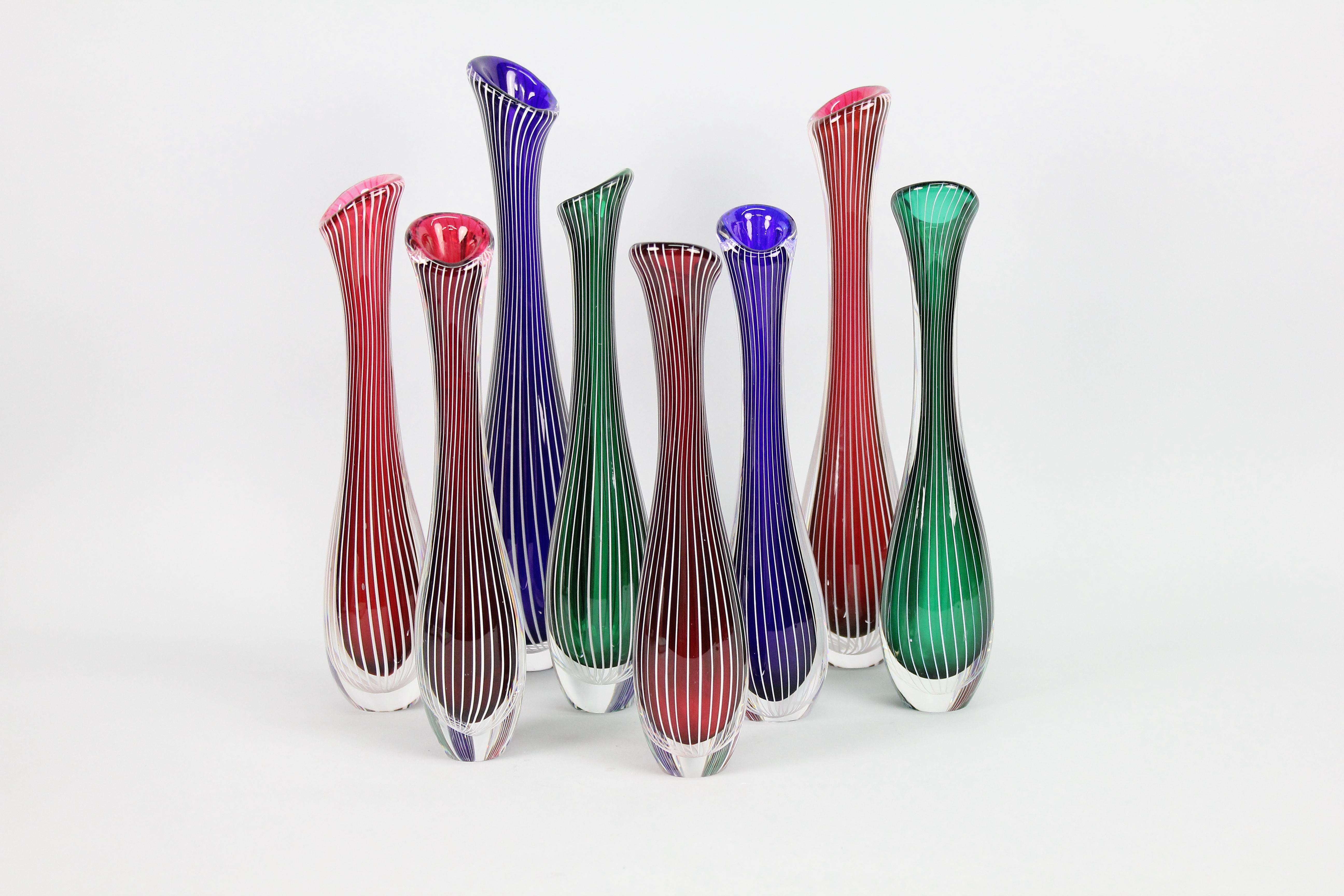 Mid-20th Century An Amazing Set of Eight 1950s Stripe Vases by Vicke Lindstrand for Kosta Sweden. For Sale