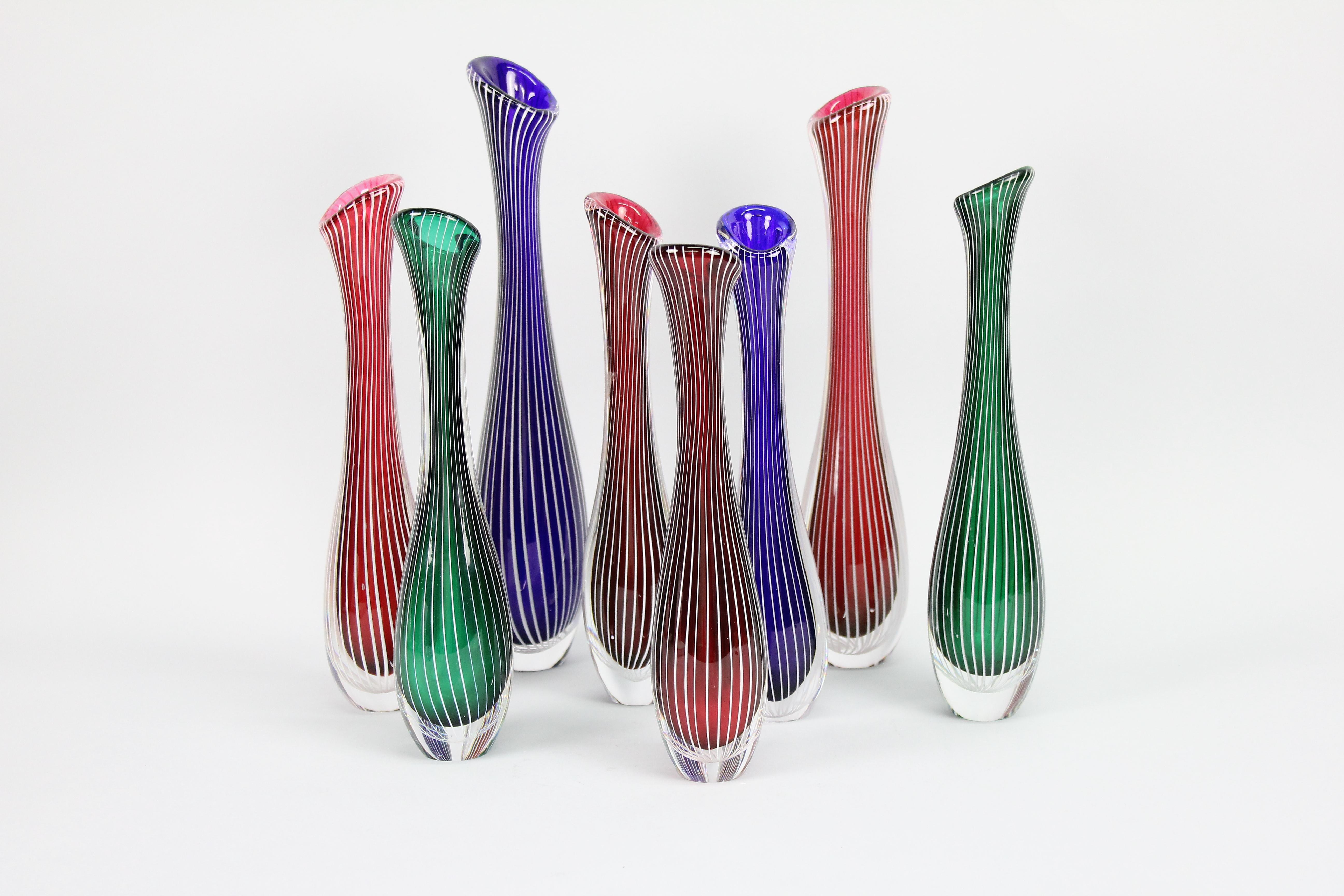 An Amazing Set of Eight 1950s Stripe Vases by Vicke Lindstrand for Kosta Sweden. For Sale 1