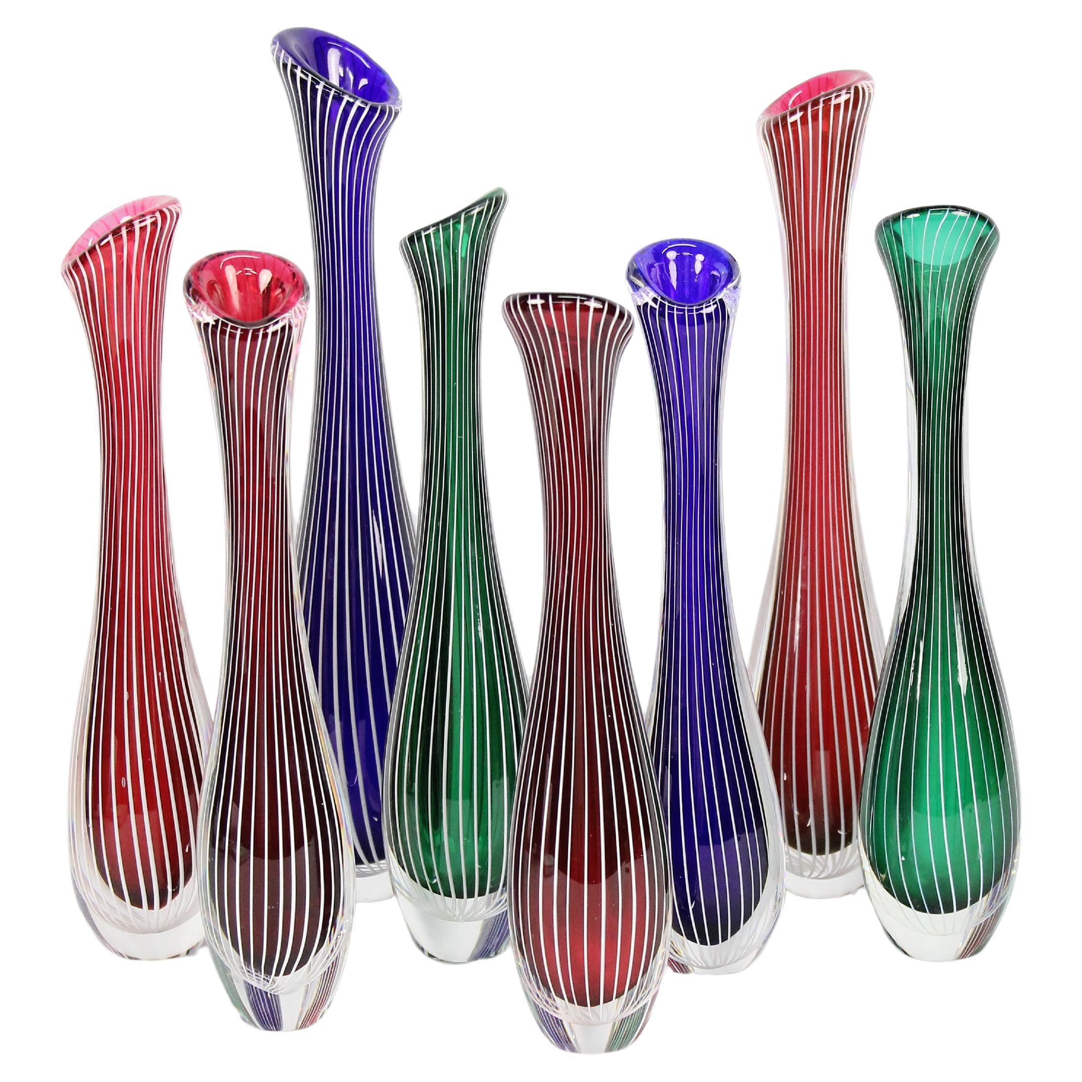 An Amazing Set of Eight 1950s Stripe Vases by Vicke Lindstrand for Kosta Sweden. For Sale