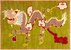 An Amazing Vintage Indian Green Dragon Design Area Rug 7'1" x 10'