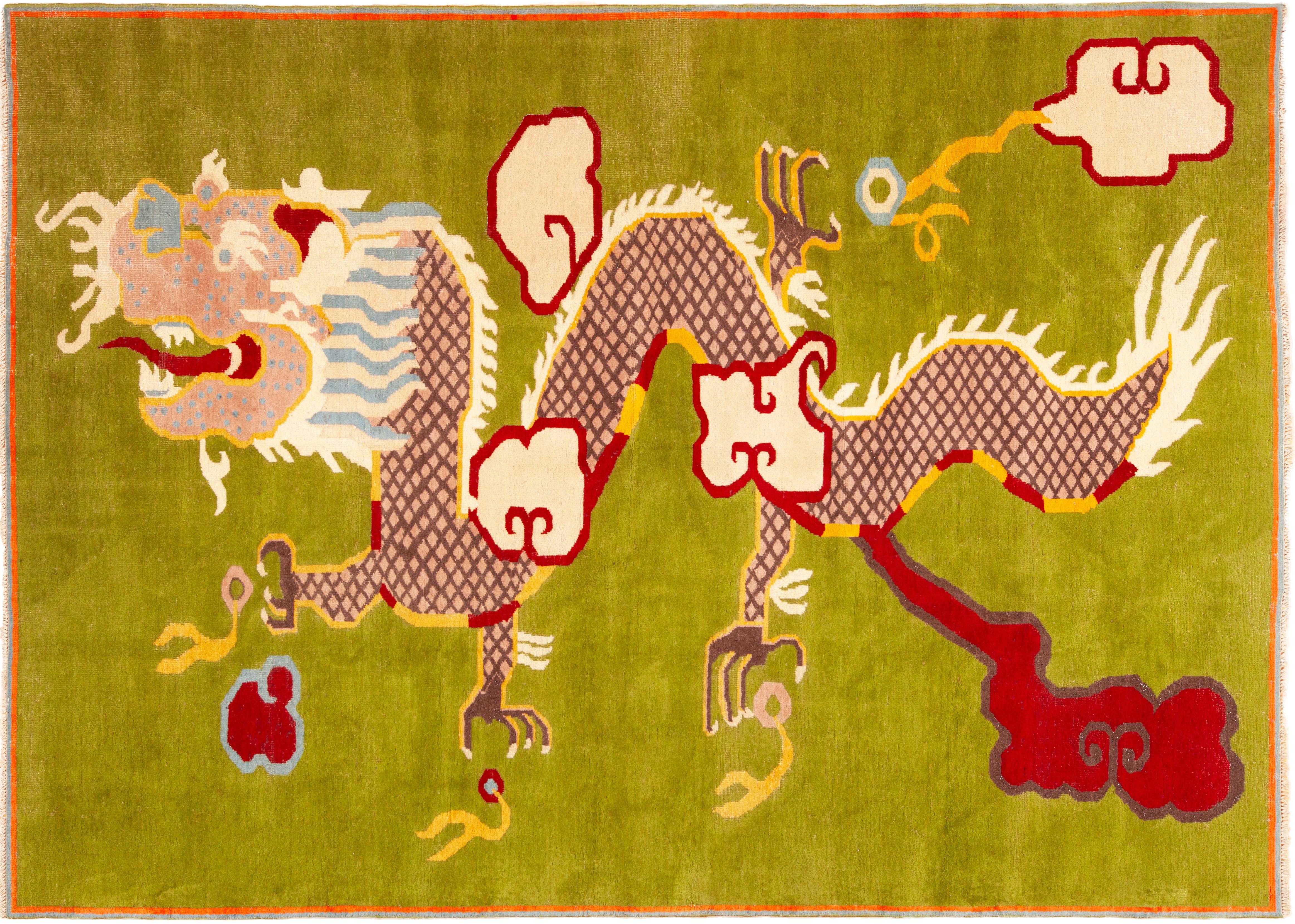Anglo-indien Magnifique tapis indien vintage à motif de dragon vert 7'1
