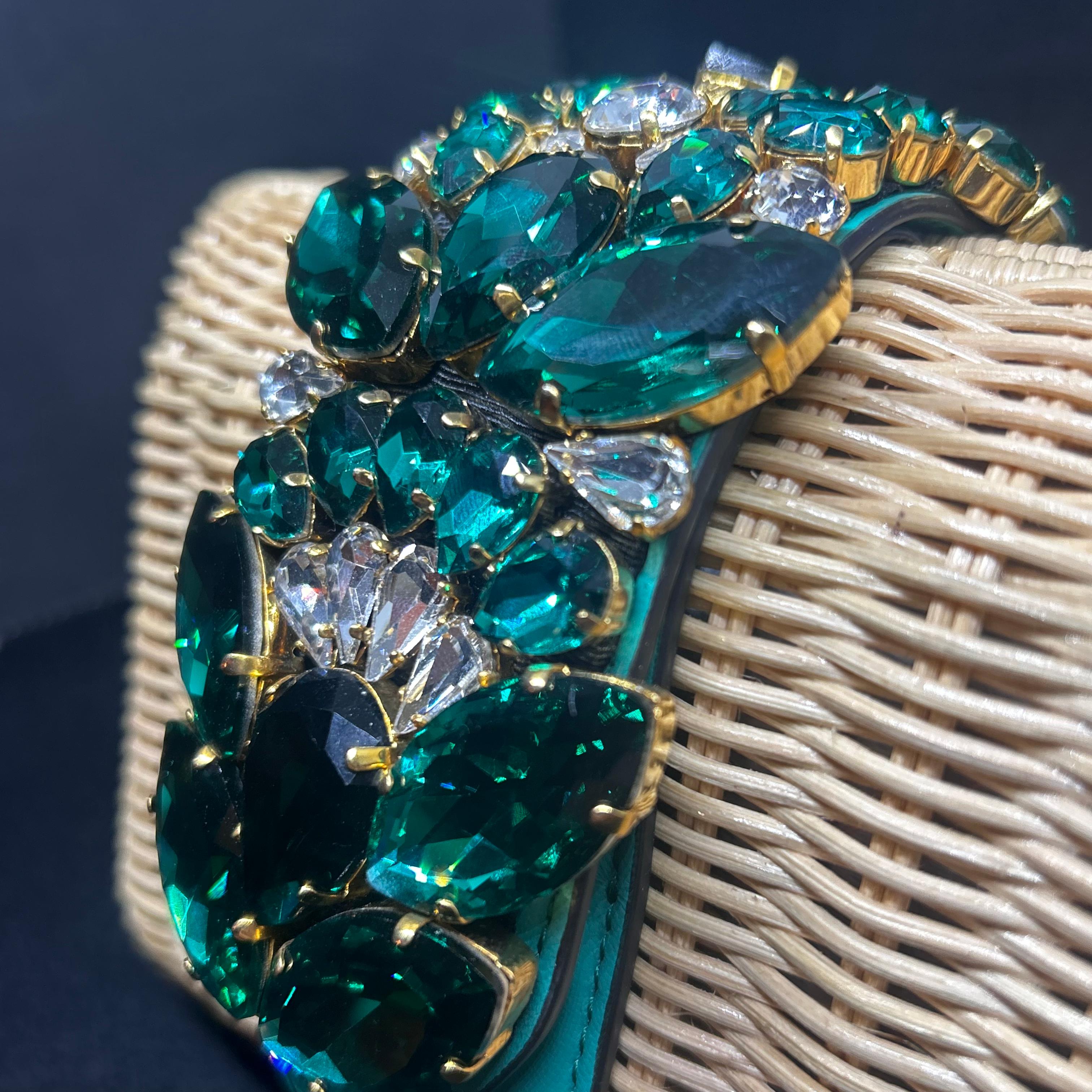 Women's A Amazing High QualityWoven Rattan Clutch Bag with Green Crystal Made by Gedebe For Sale