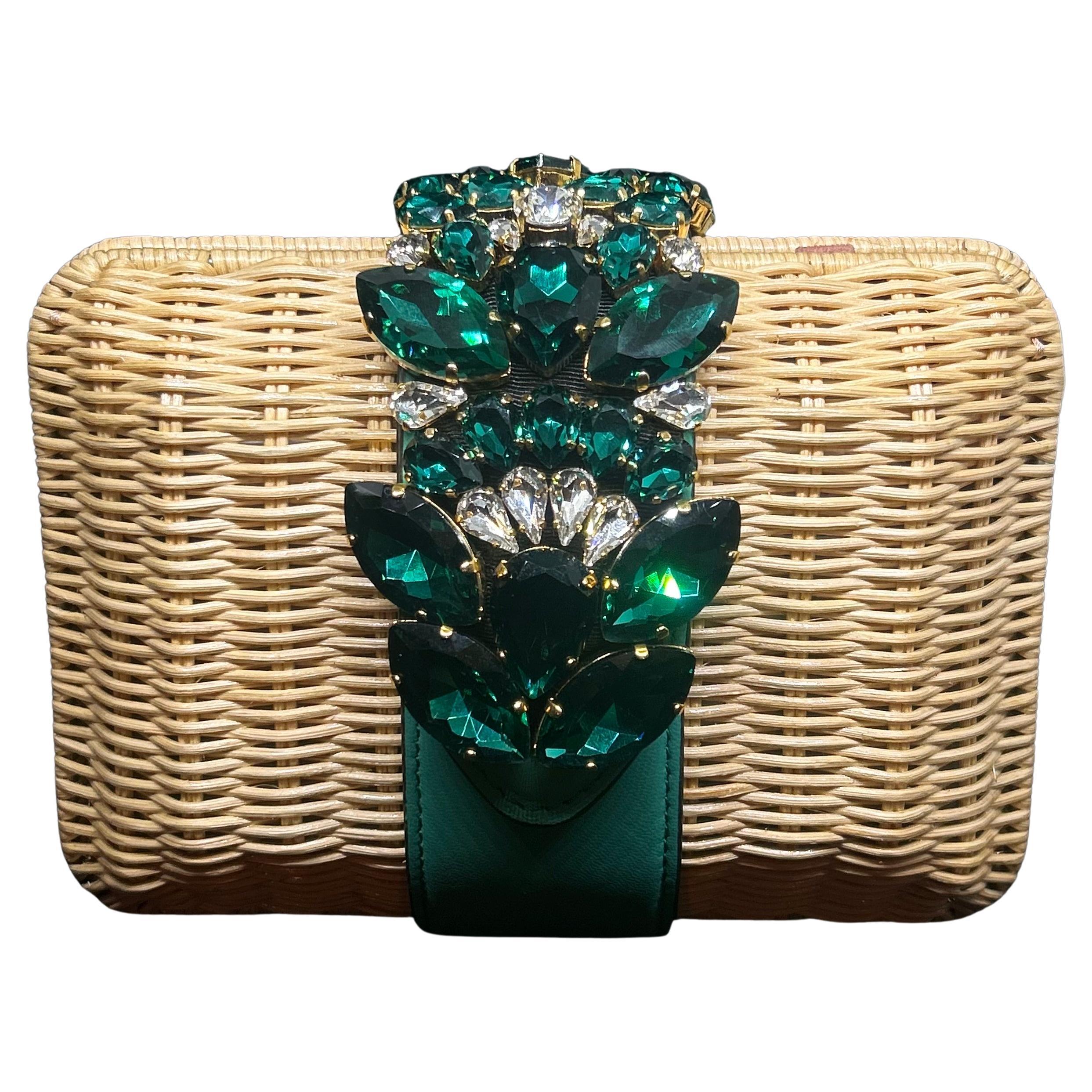 A Amazing High QualityWoven Rattan Clutch Bag with Green Crystal Made by Gedebe For Sale