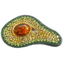 Amber, Yellow Sapphire and Diamonds, Tsavorites Set in 18 Karat Gold and Silver