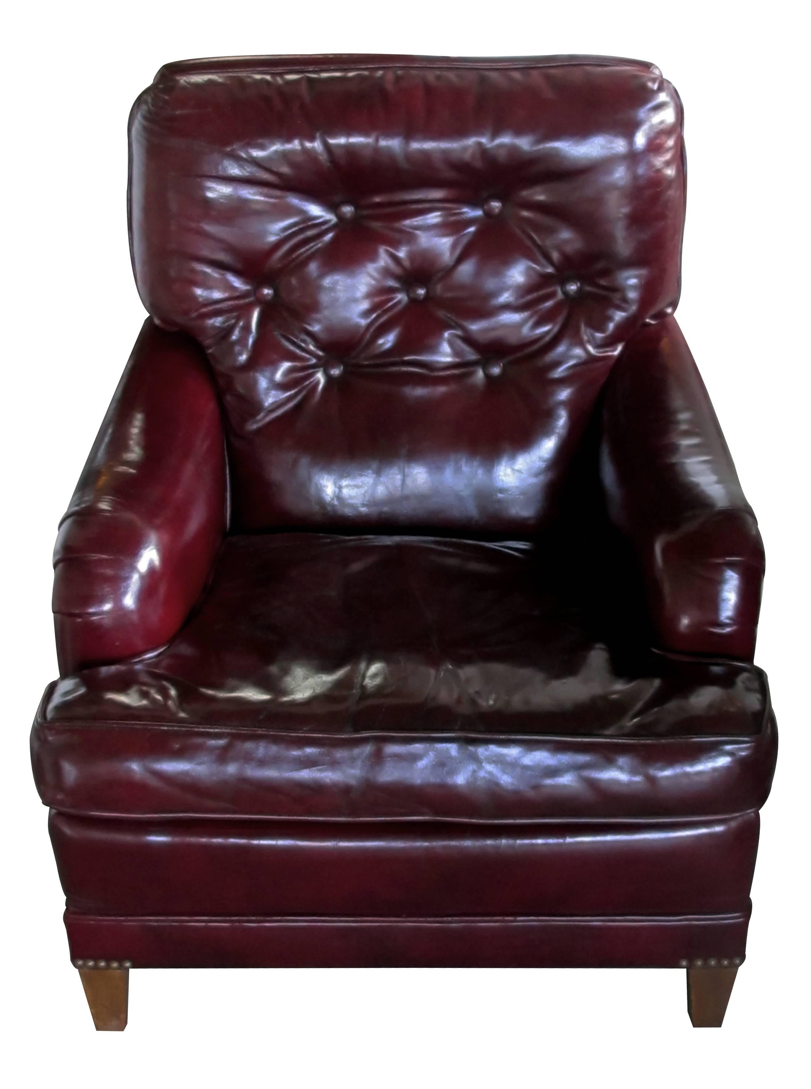 American 1940s Chesterfield Club Chair and Ottoman with Deep Burgundy Leather In Good Condition In San Francisco, CA