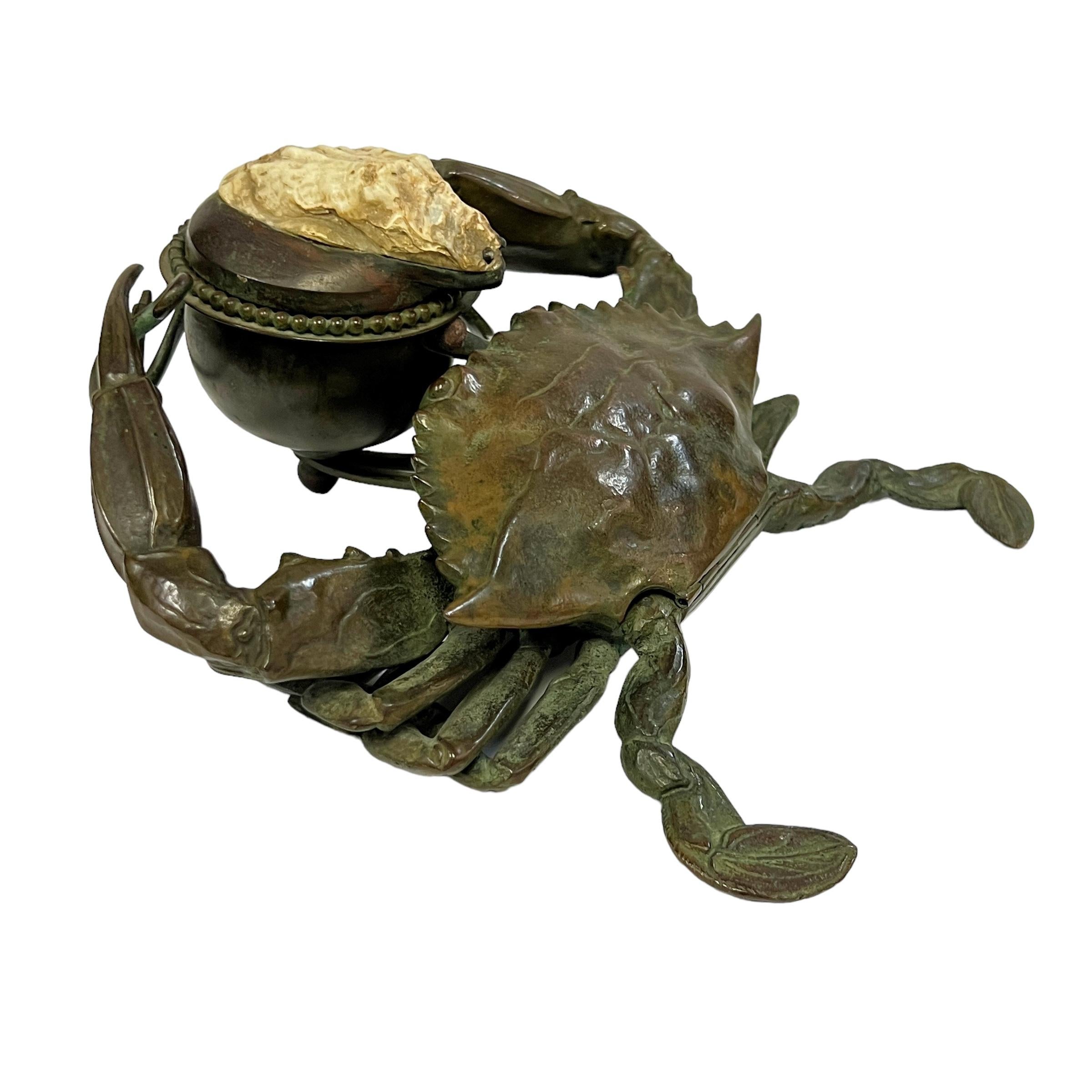 Cast An American Art Nouveau Bronze Sculptural Blue Crab Inkwell by, Tiffany Studios For Sale