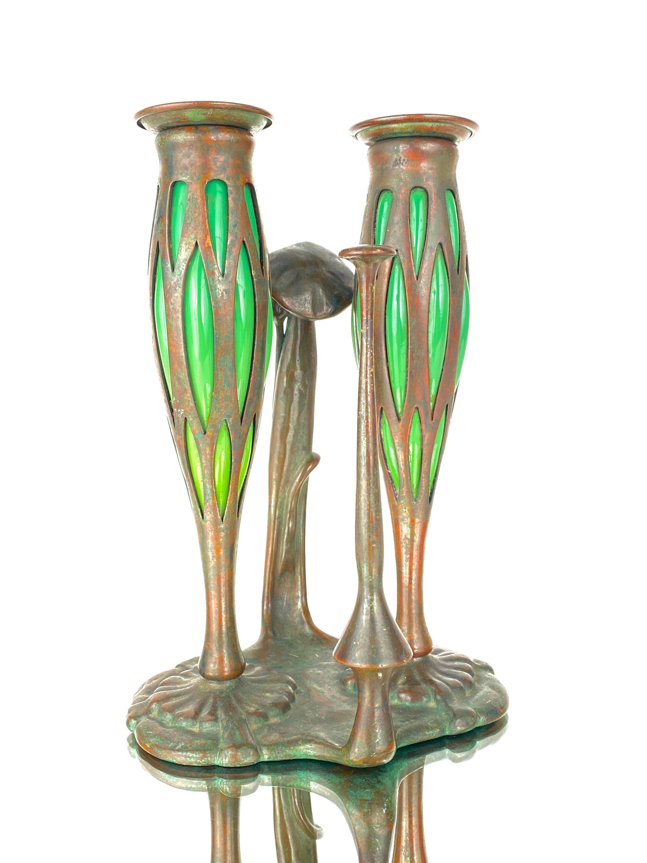 Patinated American Art Nouveau Double Night Chamber Candlestick by, Tiffany Studios