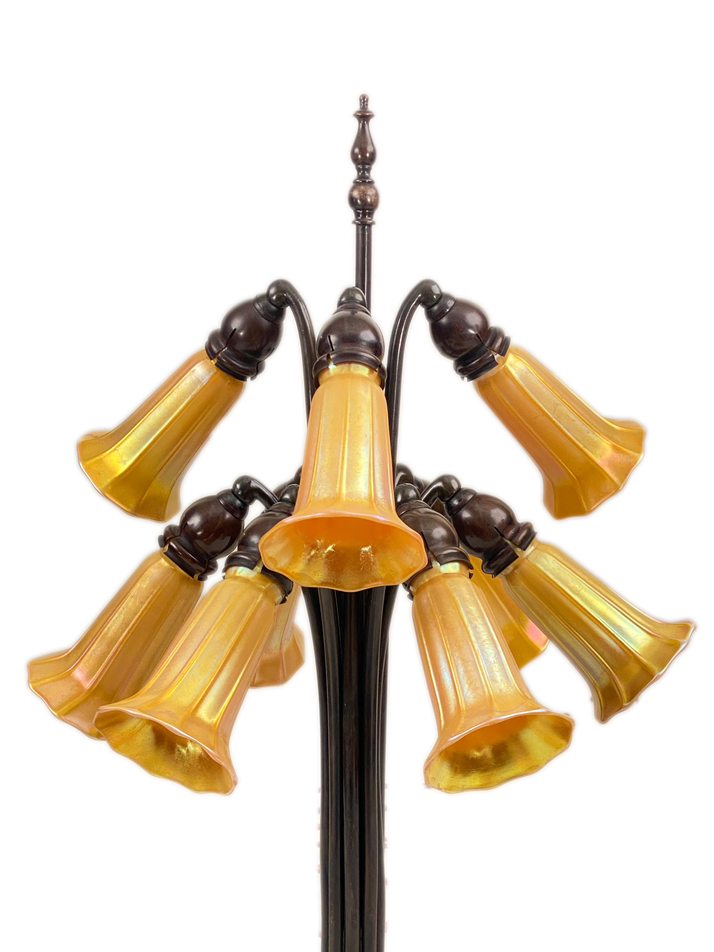 North American American Art Nouveau Lily Table Lamp by, Quezal Glass & Decorating Company