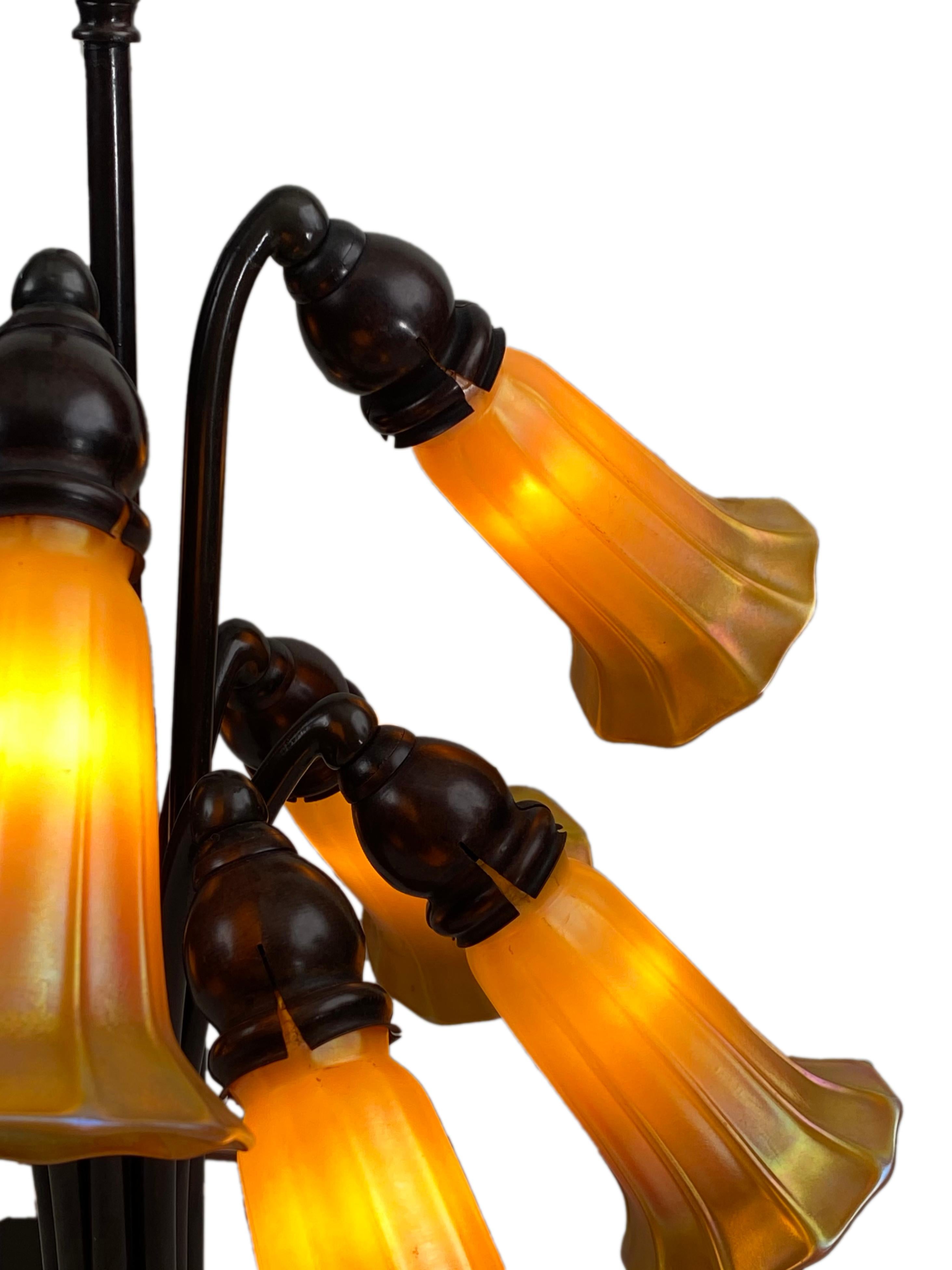 Cast American Art Nouveau Lily Table Lamp by, Quezal Glass & Decorating Company