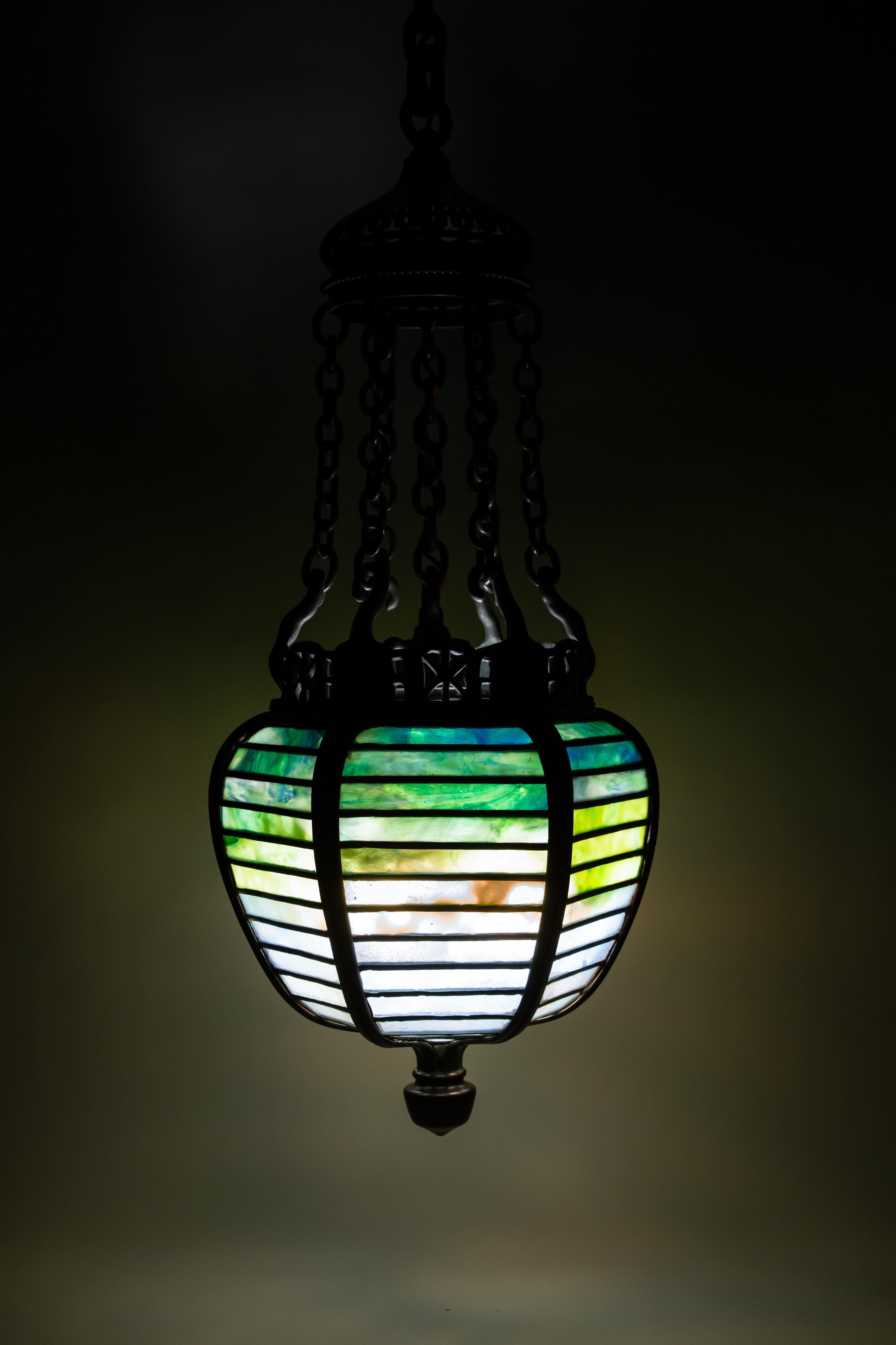 Patinated American Art Nouveau Moorish Geometric Lantern by Tiffany Studios