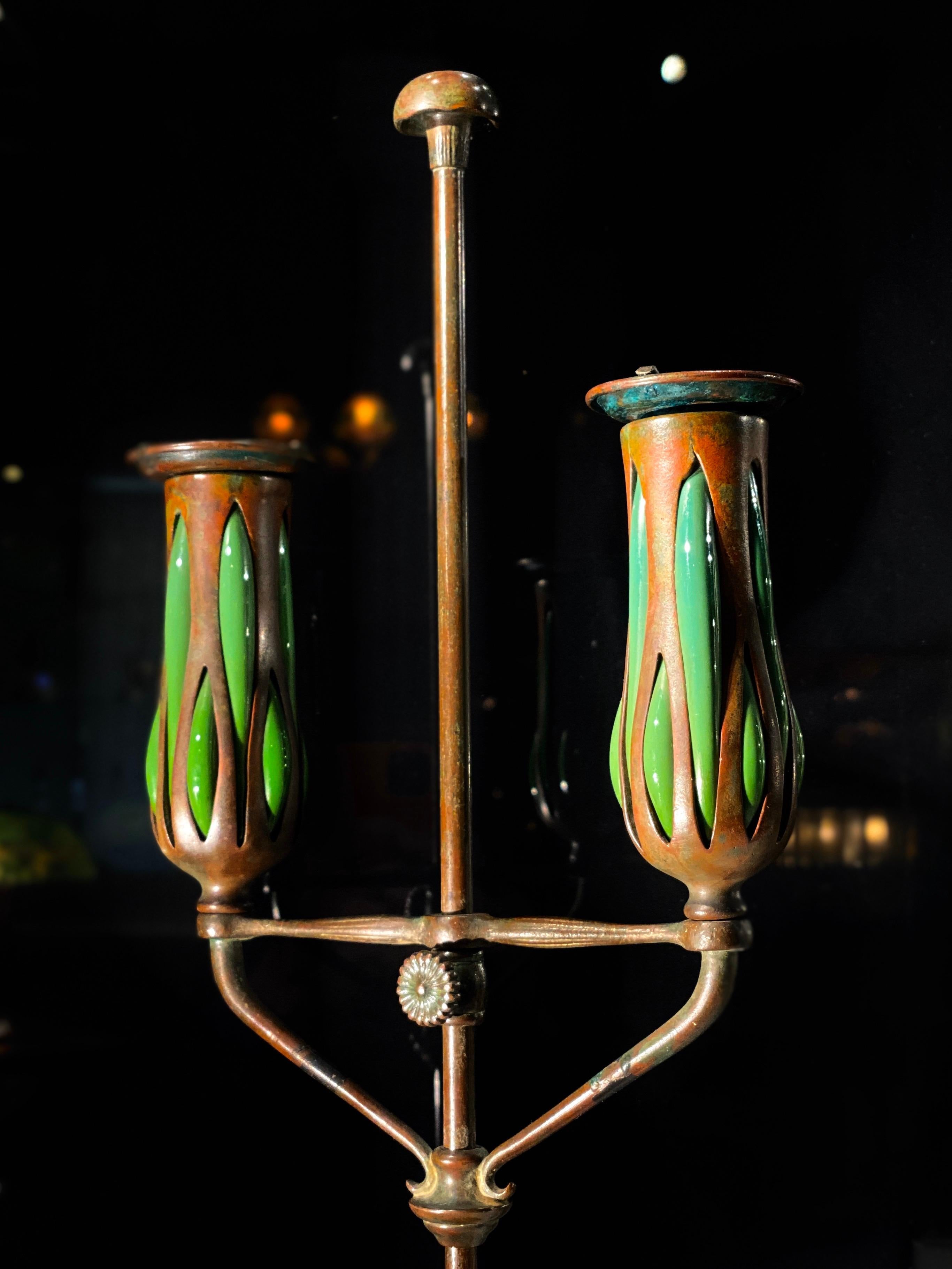 Patinated American Art Nouveau Tiffany Studios Telescopic Double Candlestick