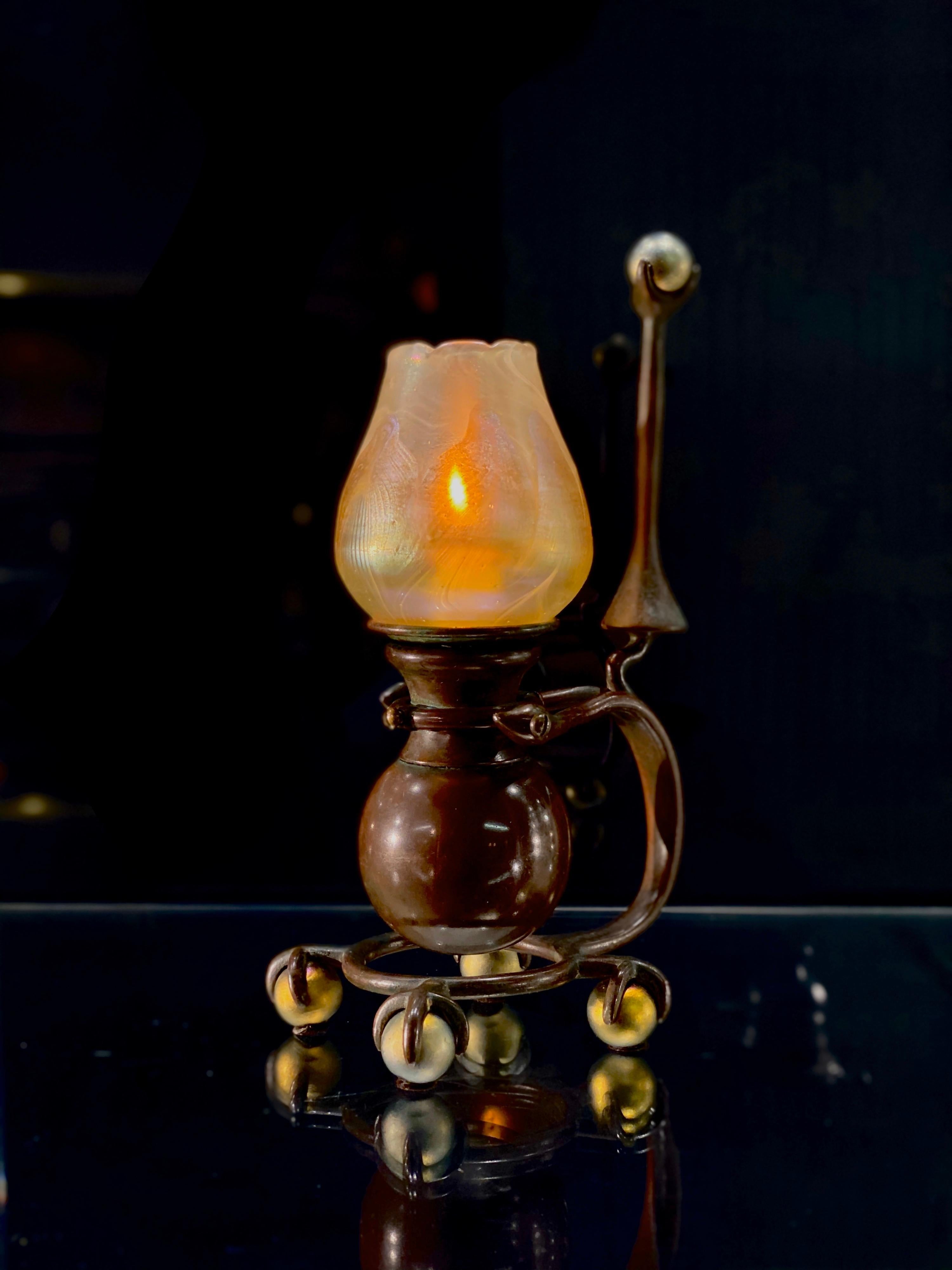 Cast American Art Nouveau “Gimbal” Candlestick by Tiffany Studios