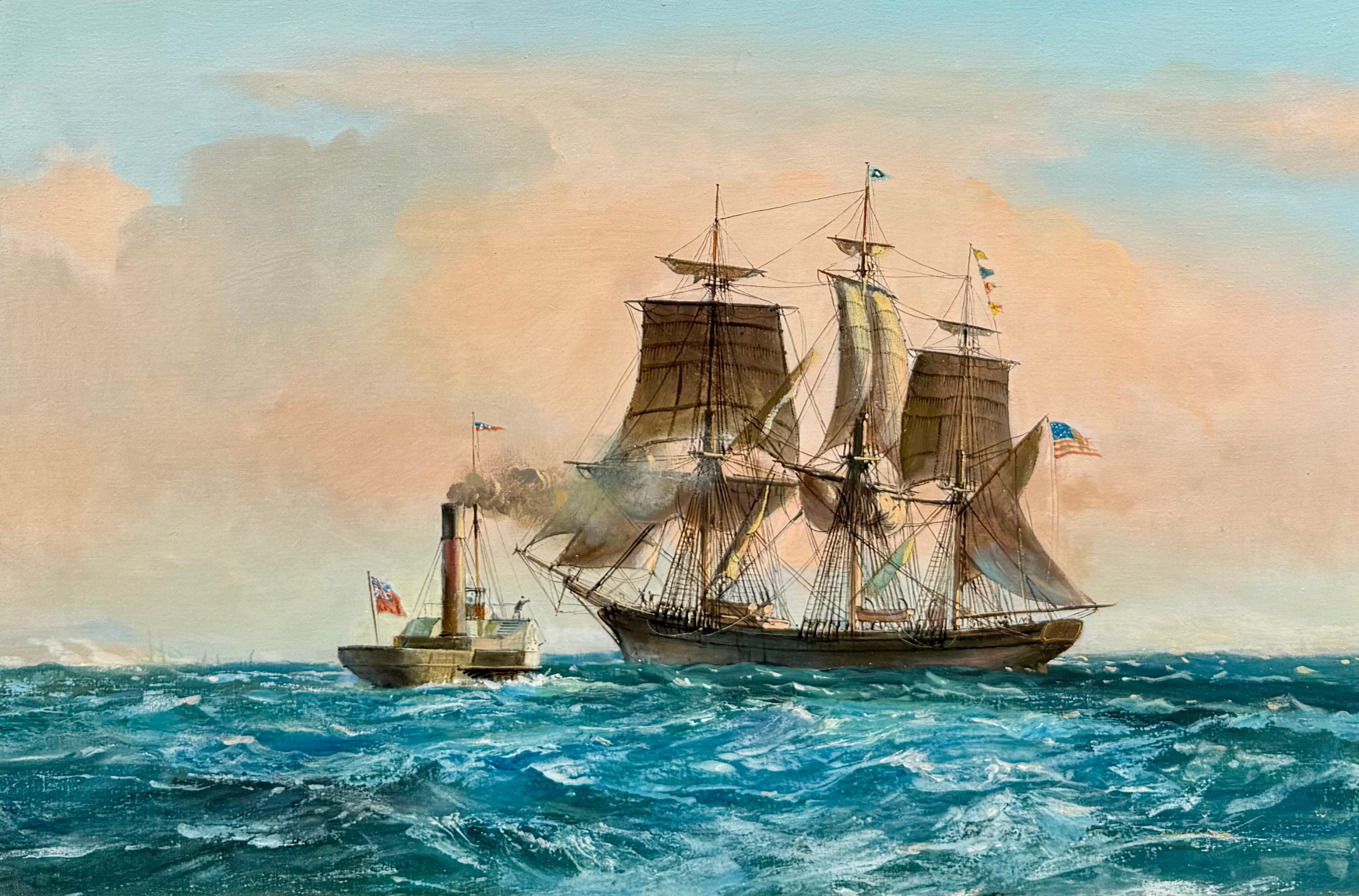 Oil on canvas signed in the lower right corner.  This painting depicts an American clipper ship with a pilot in the English Channel.  The dimensions listed include the frame at 24.25