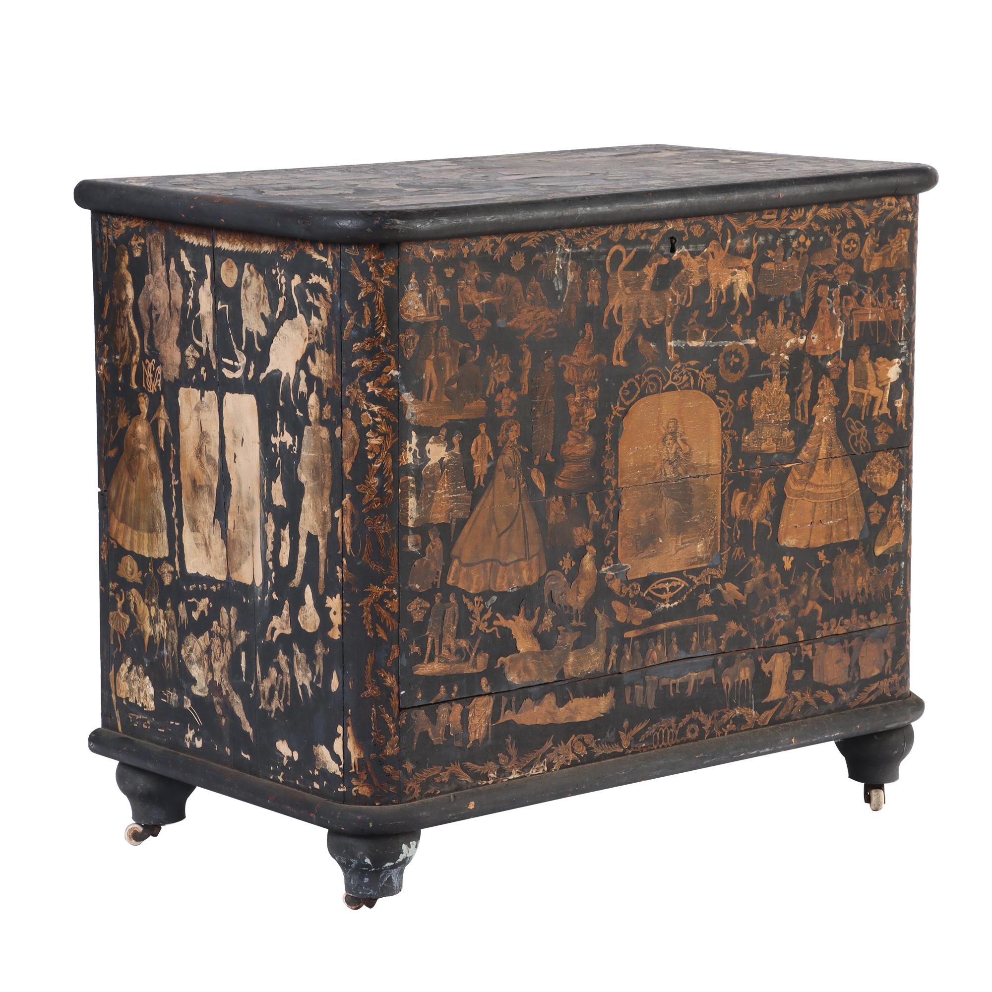 A beautiful Decoupage vintage chest/sideboard. Black with paper decoupage worn to a beautiful patina. American 19th Century.
 
