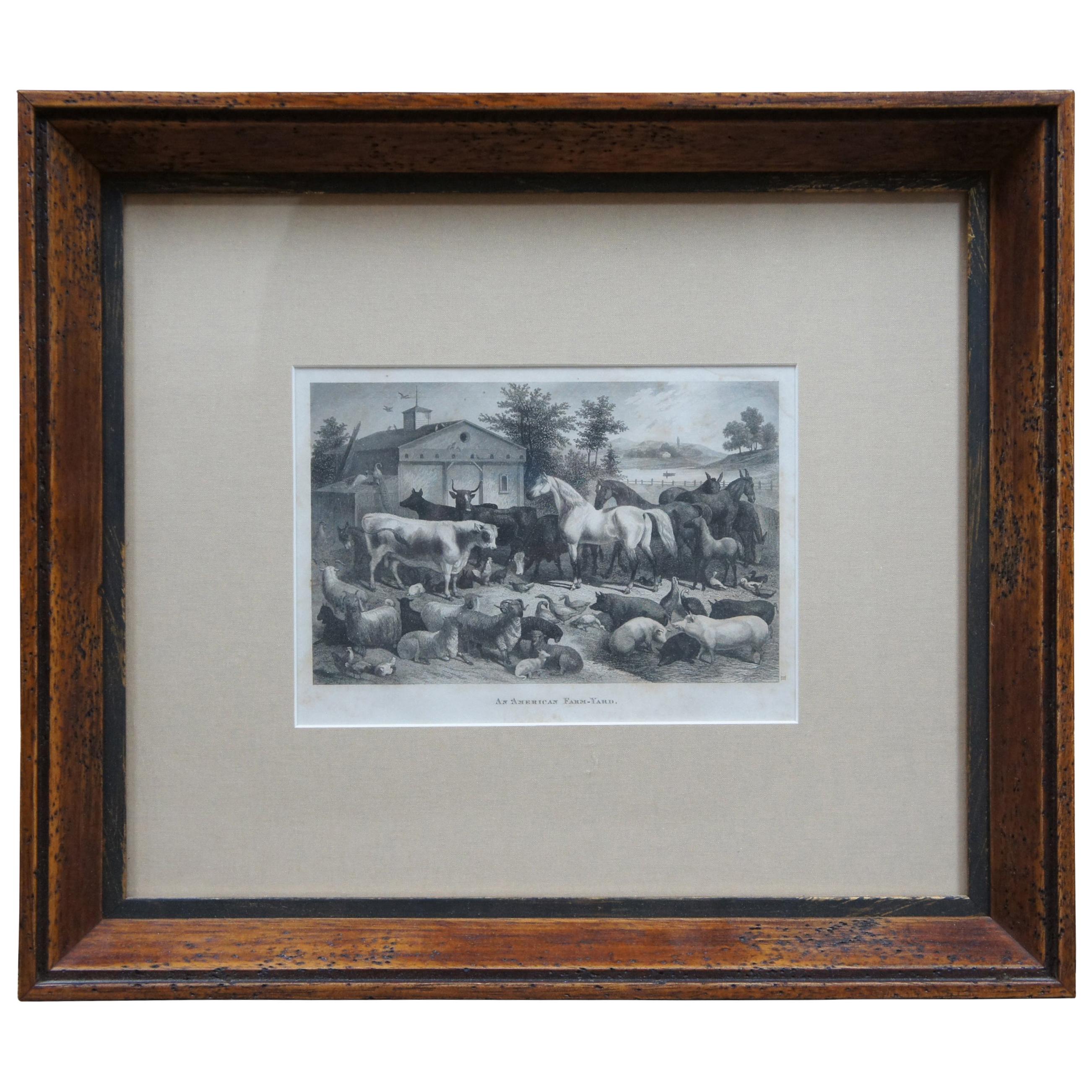 "An American Farm-Yard" Antique 1873 Victorian Engraving Cows Horses Pigs Sheep