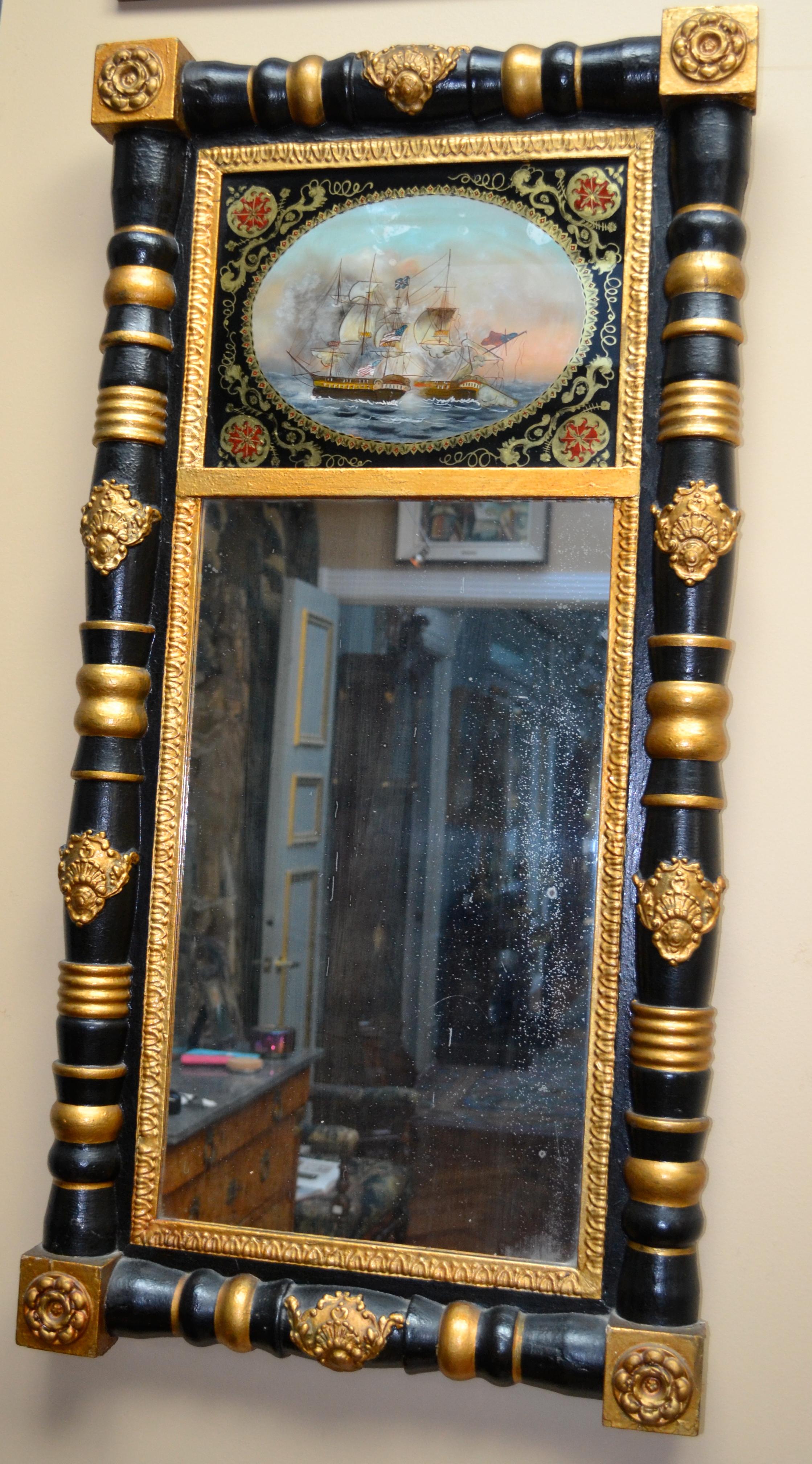 American Federal Period Ebonized Mirror with an Eglomisé Naval Battle Scene In Good Condition In Vancouver, British Columbia