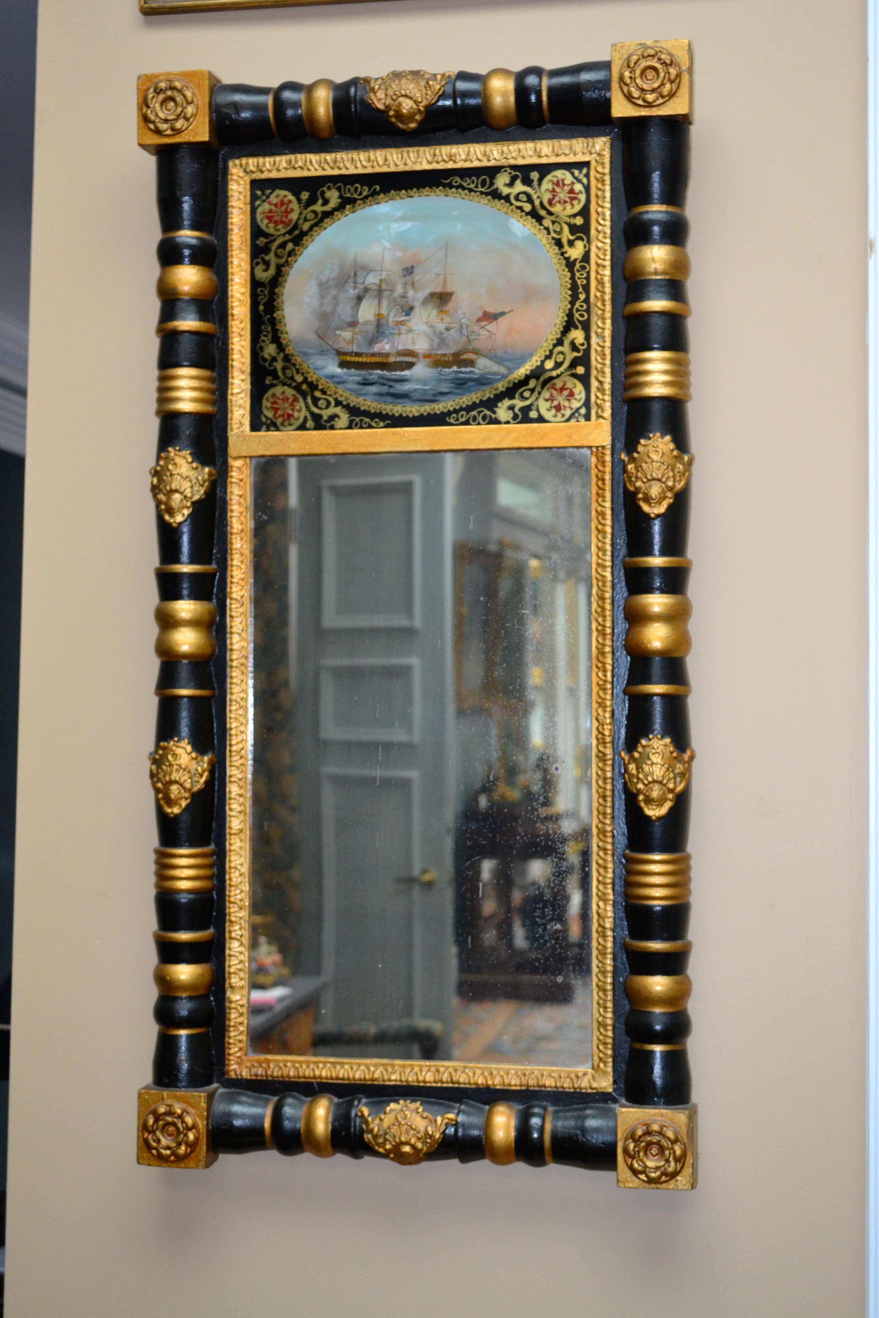 19th Century American Federal Period Ebonized Mirror with an Eglomisé Naval Battle Scene