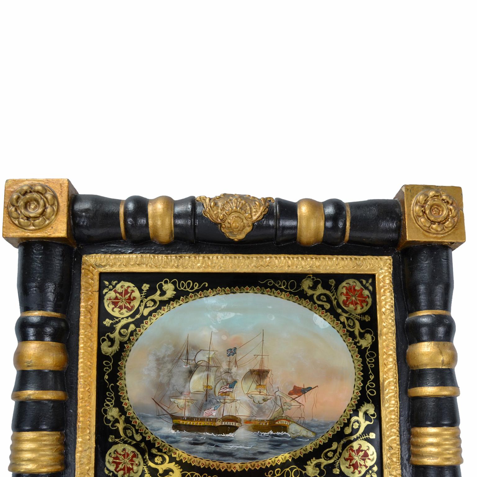 Wood American Federal Period Ebonized Mirror with an Eglomisé Naval Battle Scene