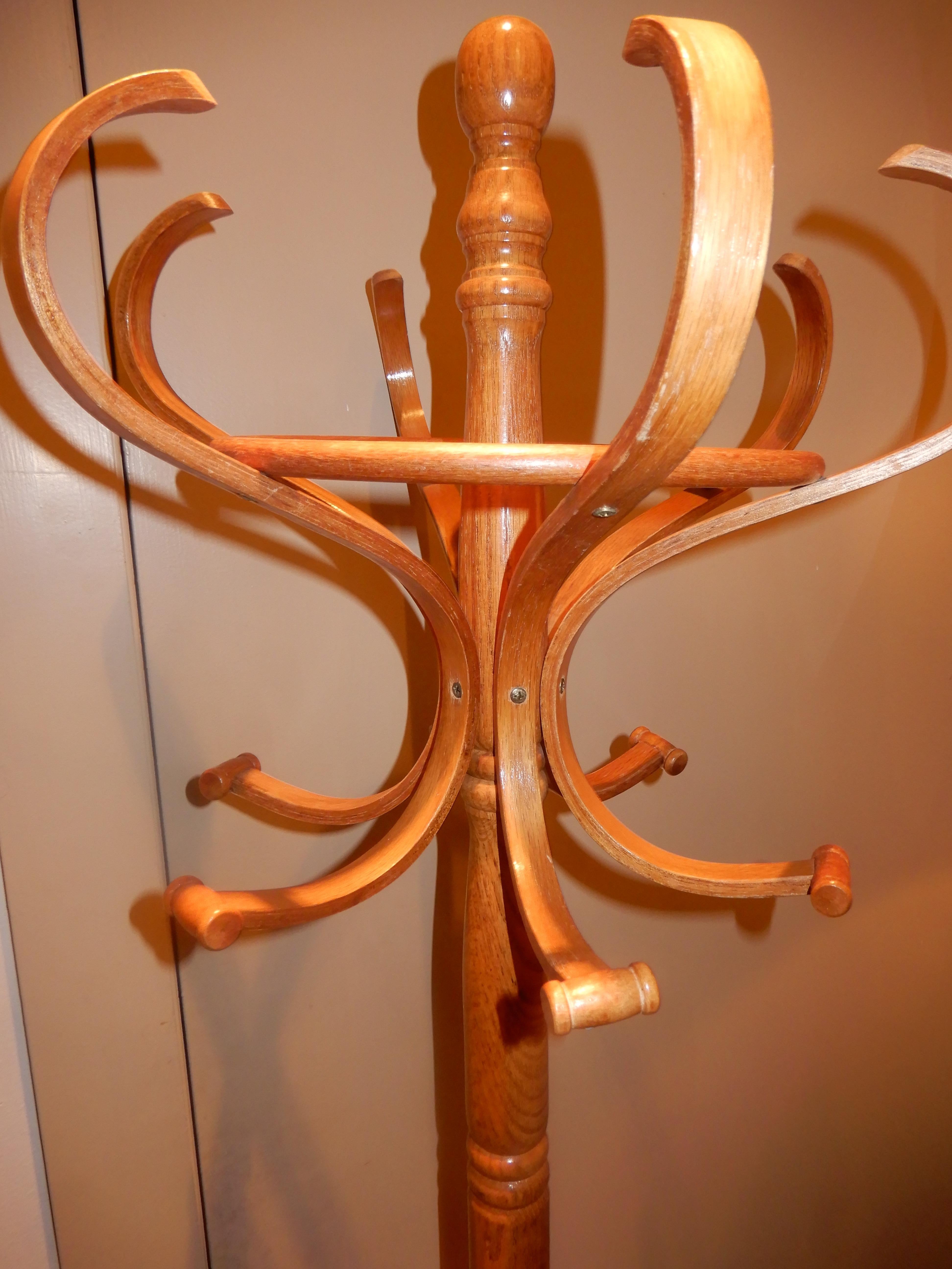 American made 1960s handcrafted coat stand. The top section turns and has six hooks on both levels.