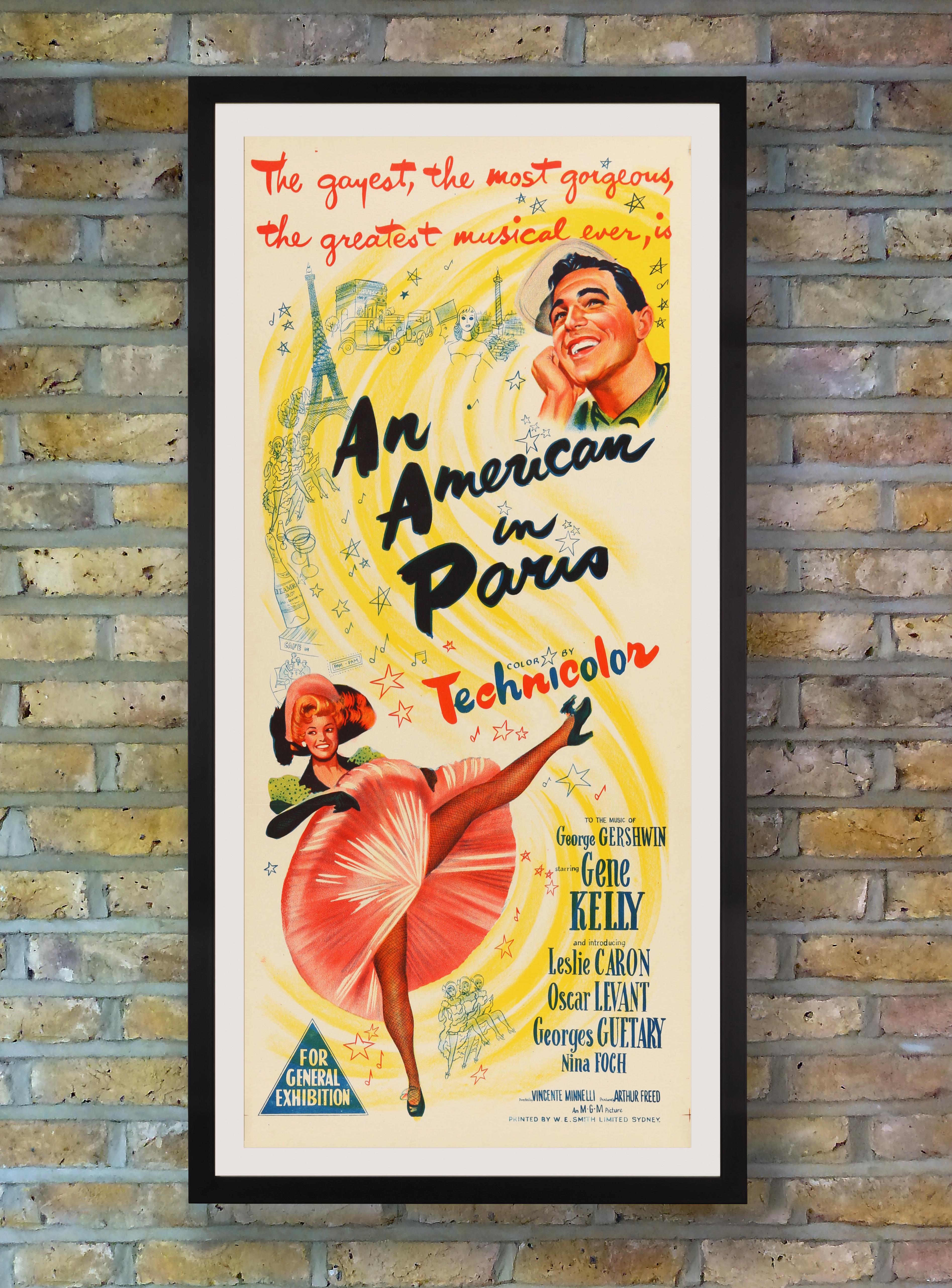 Printed in stunning stone lithography, this scarce Australian Daybill poster joyfully declared the original Australian release of MGM's 'An American in Paris' as 
