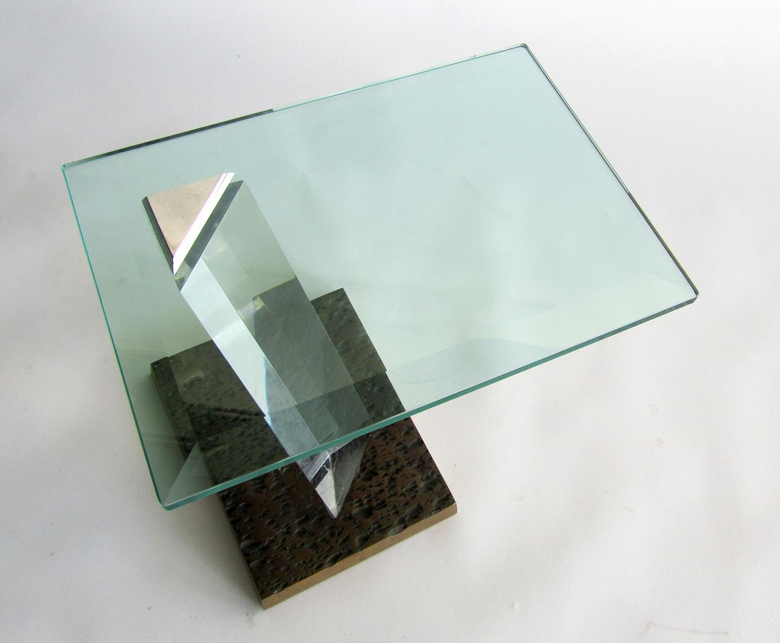 Brutalist American Modern Bronze, Lucite and Glass Side Table, Jeffrey Bigelow For Sale