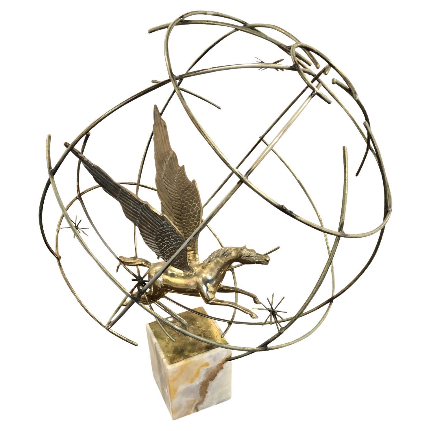 American Modern Onyx and Brass Sculpture of a Globe and Pegasus, Curtis Jere For Sale