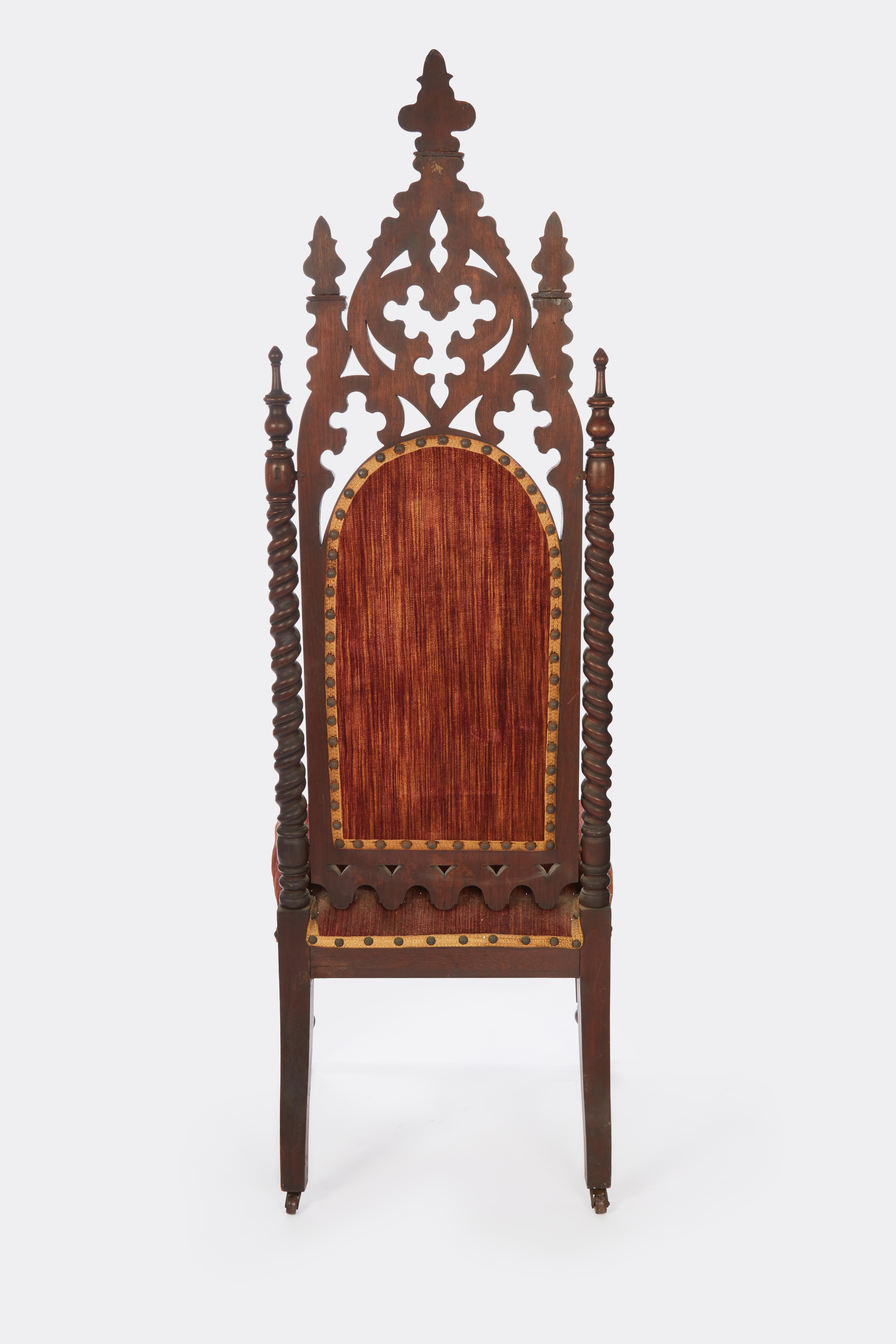Fabric American Neo-Gothic Carved Walnut Side Chair For Sale