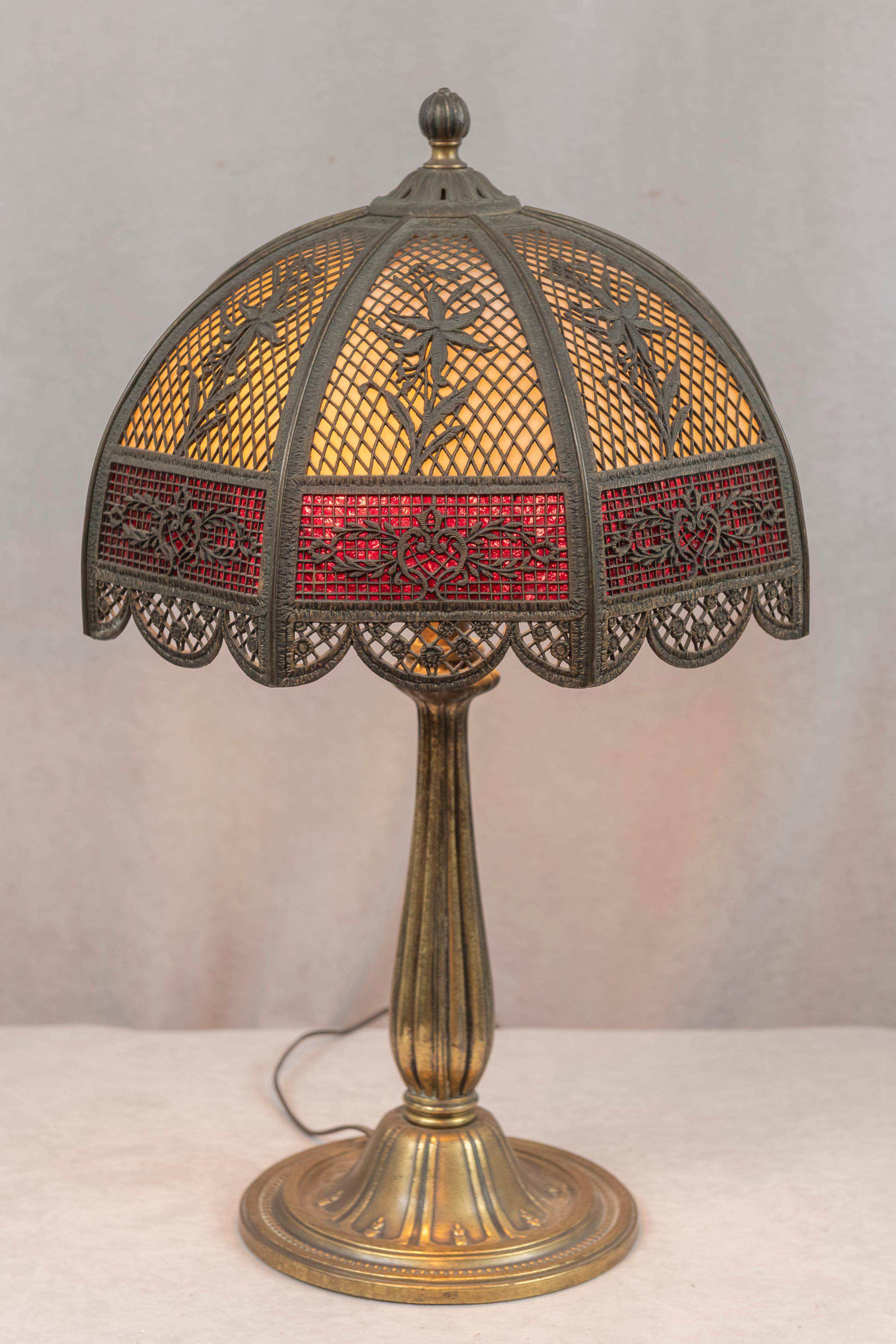 Arts and Crafts An American Panel Lamp w/ Metal Overlay, Signed B & H, ca. 1915 For Sale